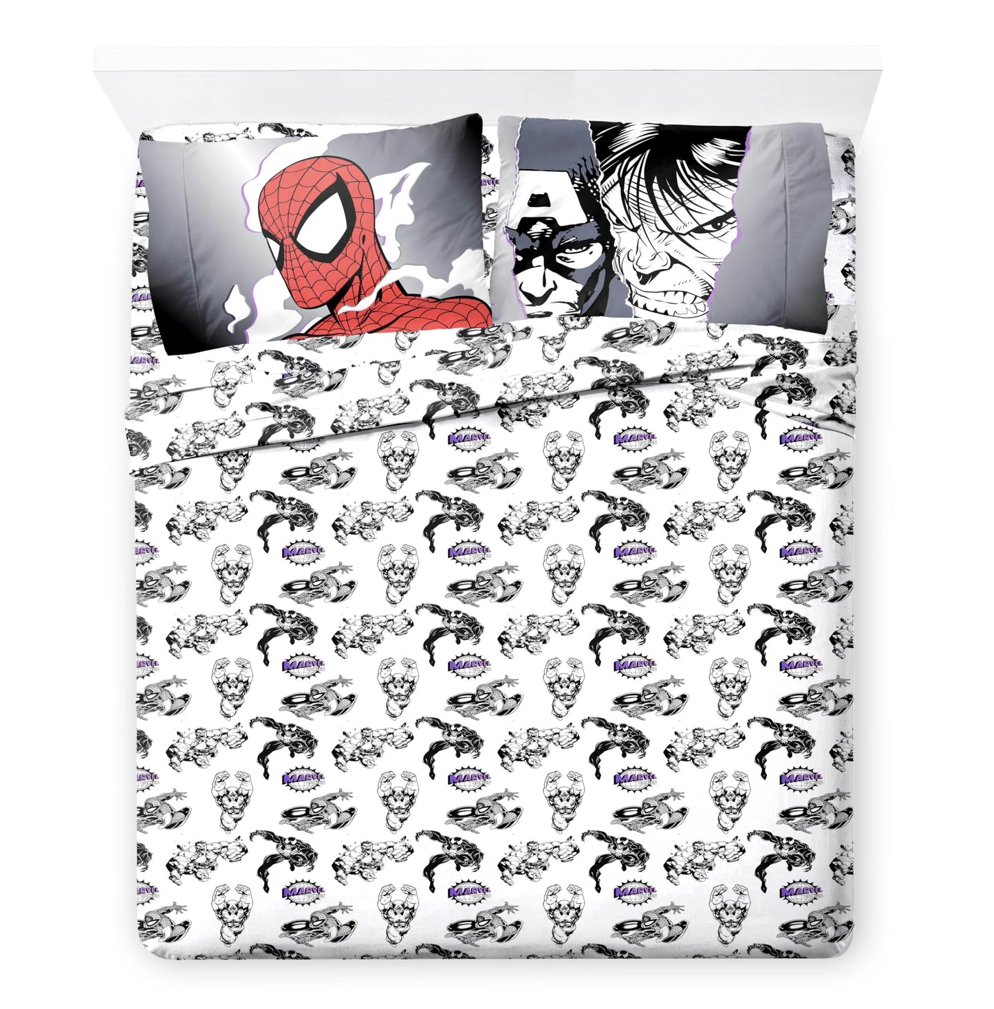 Jay Franco Kids Comforter Set Includes Sheets and Pillow Covers - Soft and Cozy Bed Set for Stylish Room Decor, Black - Marvel Comics, 7 Piece Full Size Bedding