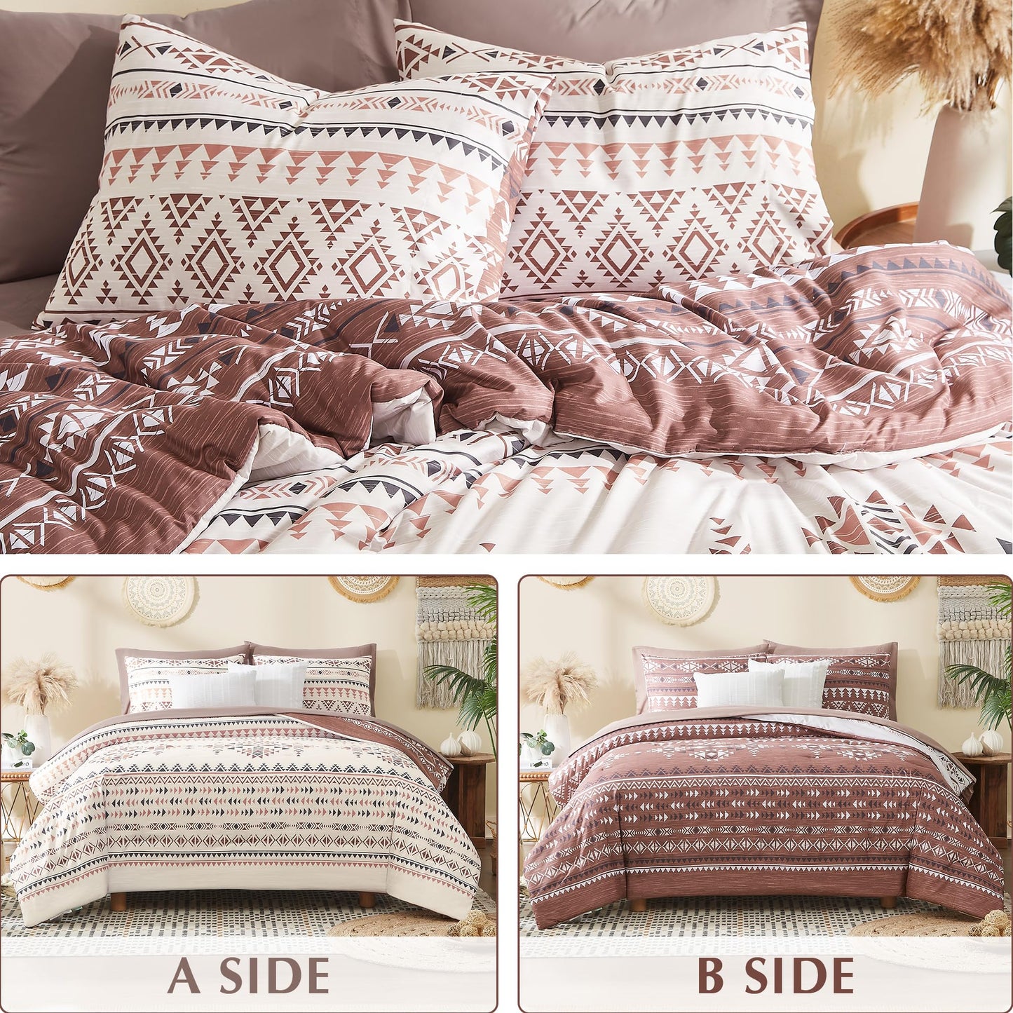 Geniospin Queen Comforter Set - 7 Pieces Reversible Bedding Set, Boho Bed in A Bag, Lightweight Soft Aztec Bedding, All Season Bed Comforter Set with Sheets, Pillowcases & Shams