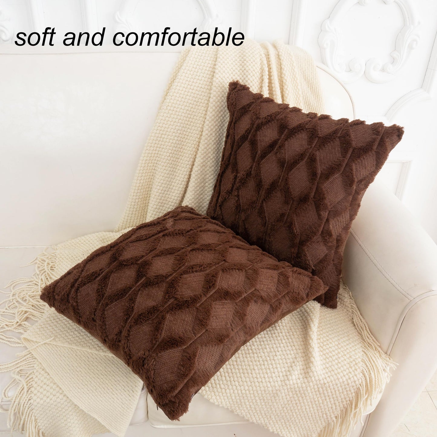 Smile of hope Brown Throw Pillow Covers 18x18 Set of 2 Decorative Farmhouse Couch Throw Pillows Boho Shells Cute Soft Plush Wool Winter Pillowcases for Bedroom Living Room Sofa