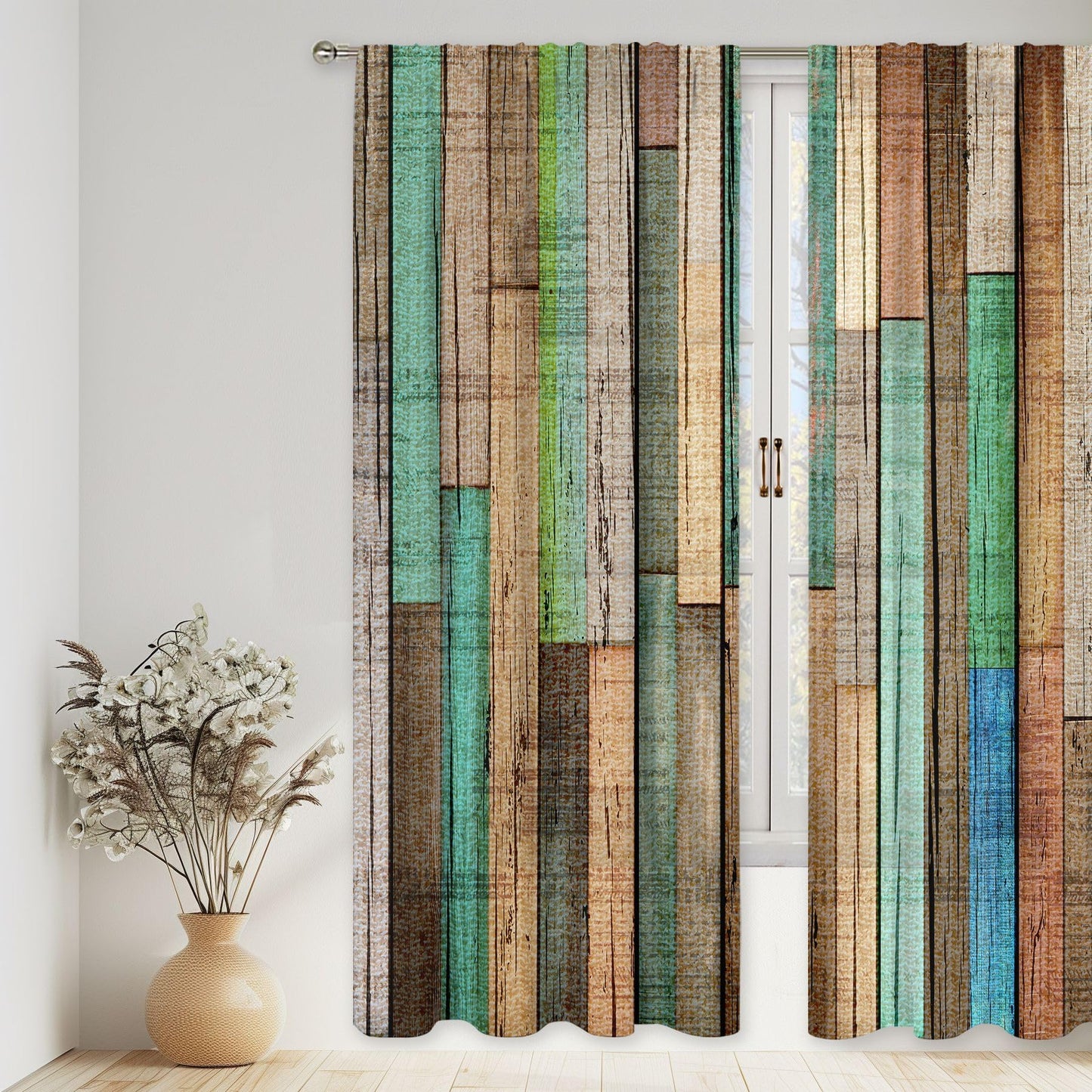 MESHELLY Farmhouse Teal Grey Barn Door Curtains 52Wx84H Inch Rod Pocket Rustic Wood Western Vintage Rural Green Wooden Plank Cabin Bedroom Window Drapes Country Printed Living Room Window Treatment