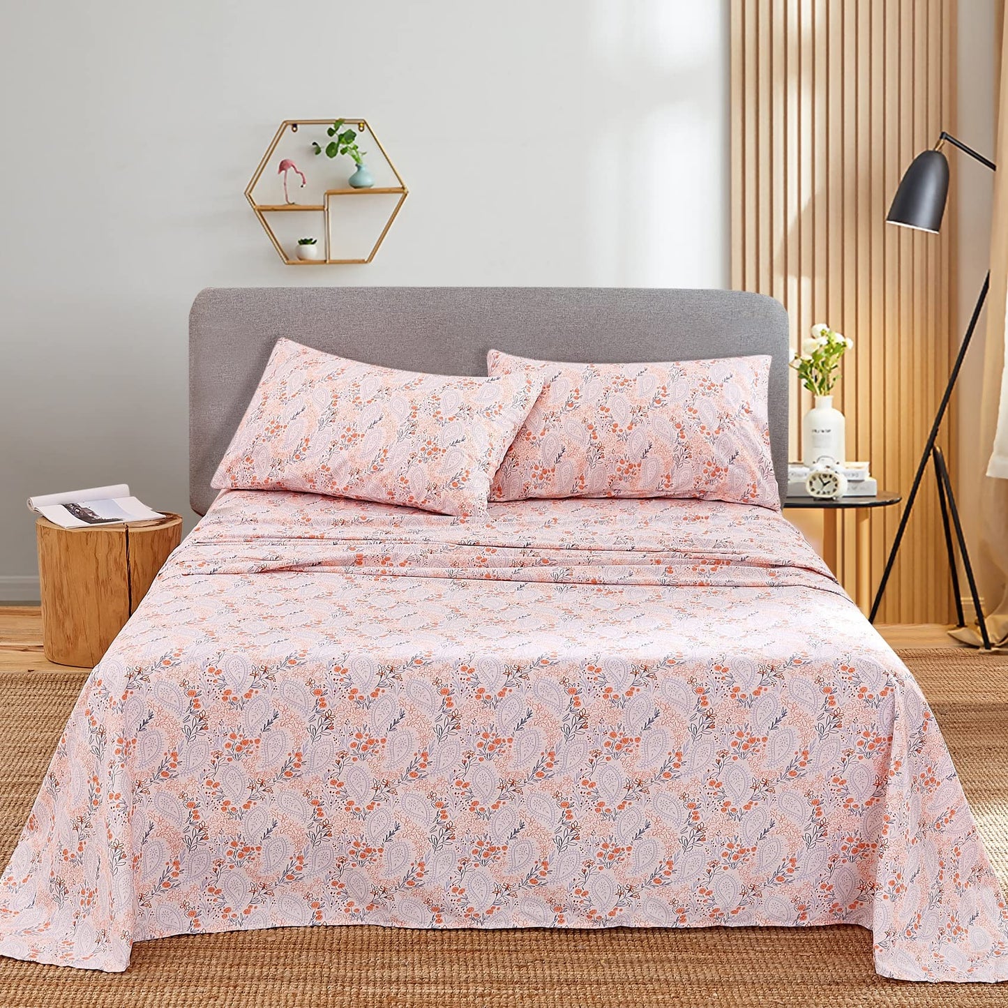JSD Pink Paisley Floral Sheet Set Queen Size, 4 Piece Soft Printed Microfiber Sheets Extra Deep Pocket