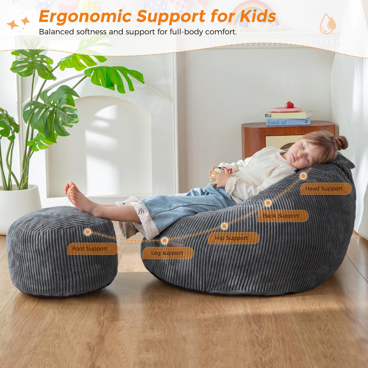 MAXYOYO Kids Bean Bag Chair with Ottoman, Soft Floor Bean Bag Sofa, Dark Grey