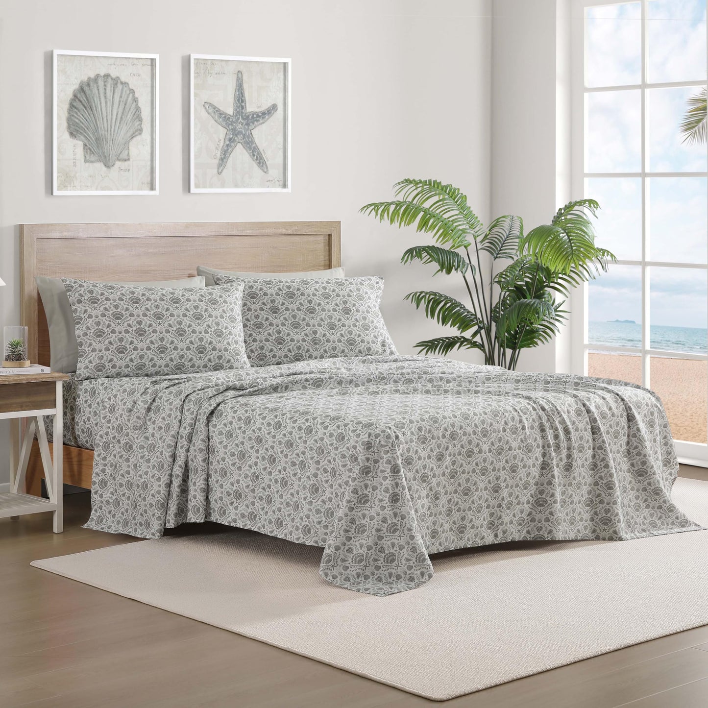 Caribbean Joe 6-Piece Sheet Set with Cooling Pillowcases, 12-inch Deep Pockets, Tropical Beach Coastal Design, Queen, Damask Shells