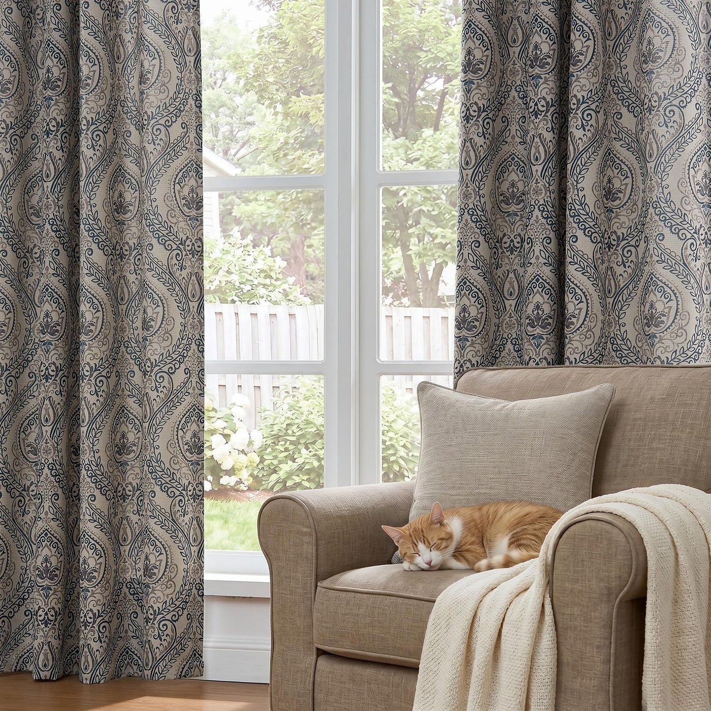 jinchan Curtains for Bedroom, Room Darkening Curtains 84 Inch Length 2 Panels Set, Linen Textured Medallion Drapes for Living Room, Vintage Damask Pattern Window Treatments, Blue on Greige