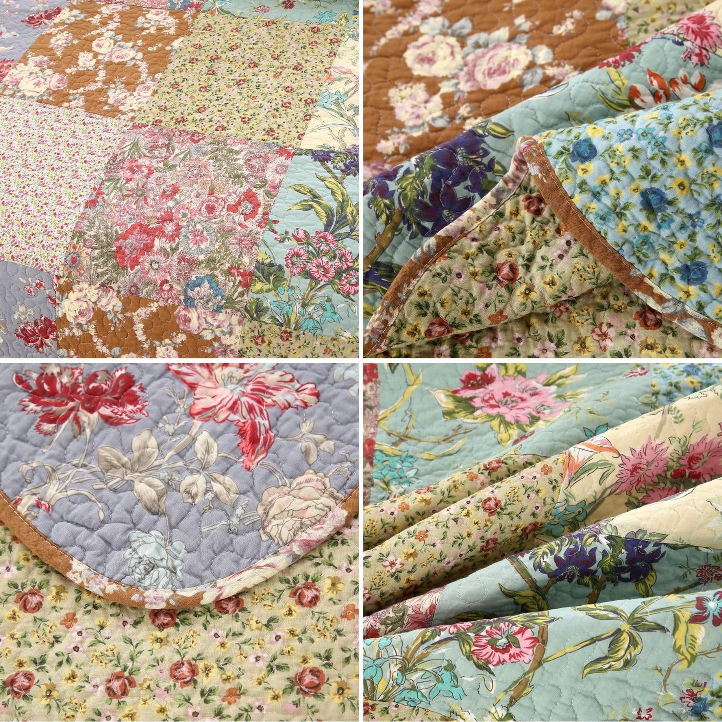 vctops Boho Patchwork Cotton Quilted Bedspread Quilt Set Queen Size 3 Pieces Soft Reversible Lightweight Coverlet Set Floral Print 1 Quilt and 2 Pillow Shams (Purple,Queen)