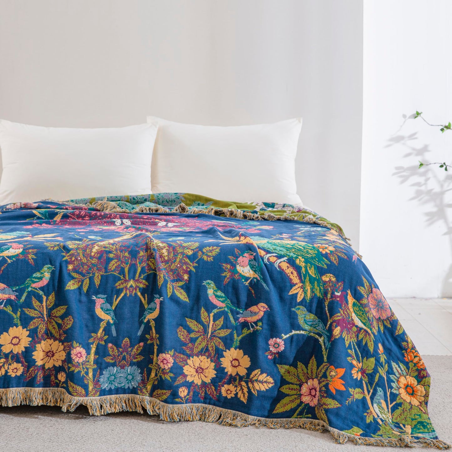 BRYALIX 100% Cotton Boho Floral Throw Blanket, Navy Blue with Birds Pattern, Lightweight Muslin Quilt, Decorative Reversible Jacquard Fringed Farmhouse Blanket for Home, Picnic, Travel, 60"x80"