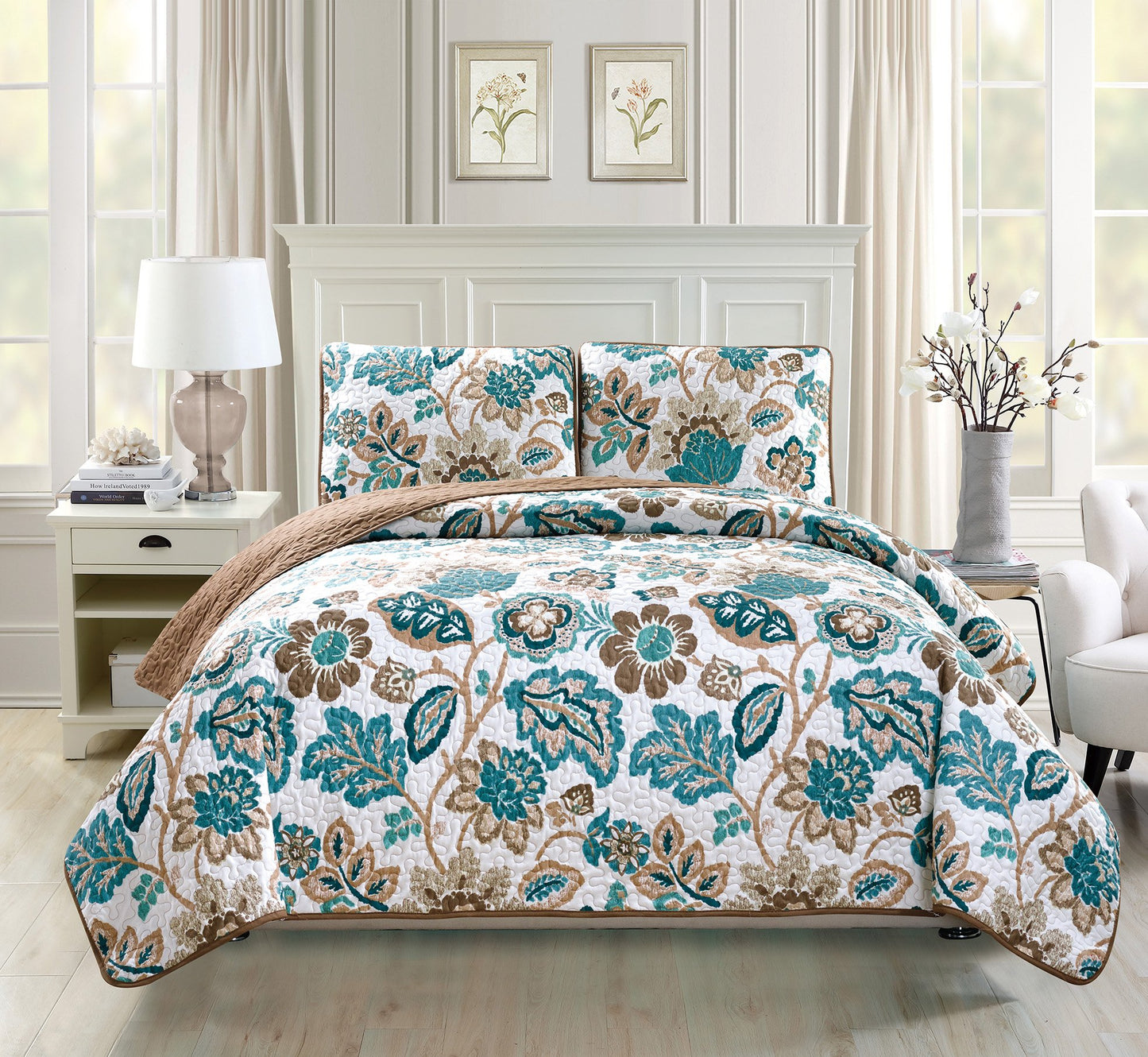 Mk Collection 3pc Bedspread Coverlet Quilted Floral Off White Green Brown Full/Queen Over Size 106" x 95" #Venice New