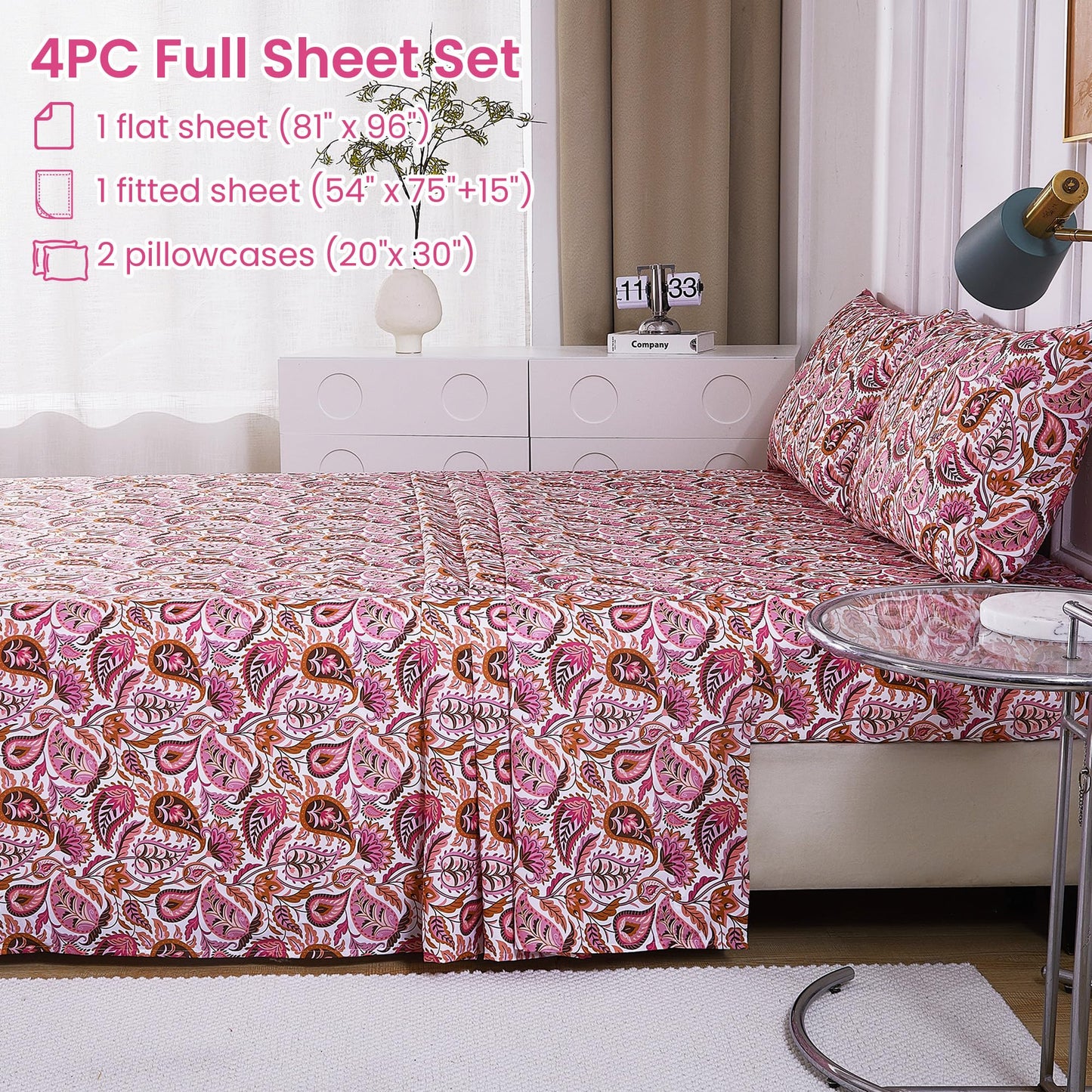 Softan Pink Paisley Floral Full Sheet Set, Cozy Boho Microfiber Printed Fitted Bed Sheet with 15" Deep Pockets & Non-Slip Straps, Girls Patterned Double Sheets & Pillowcase Set