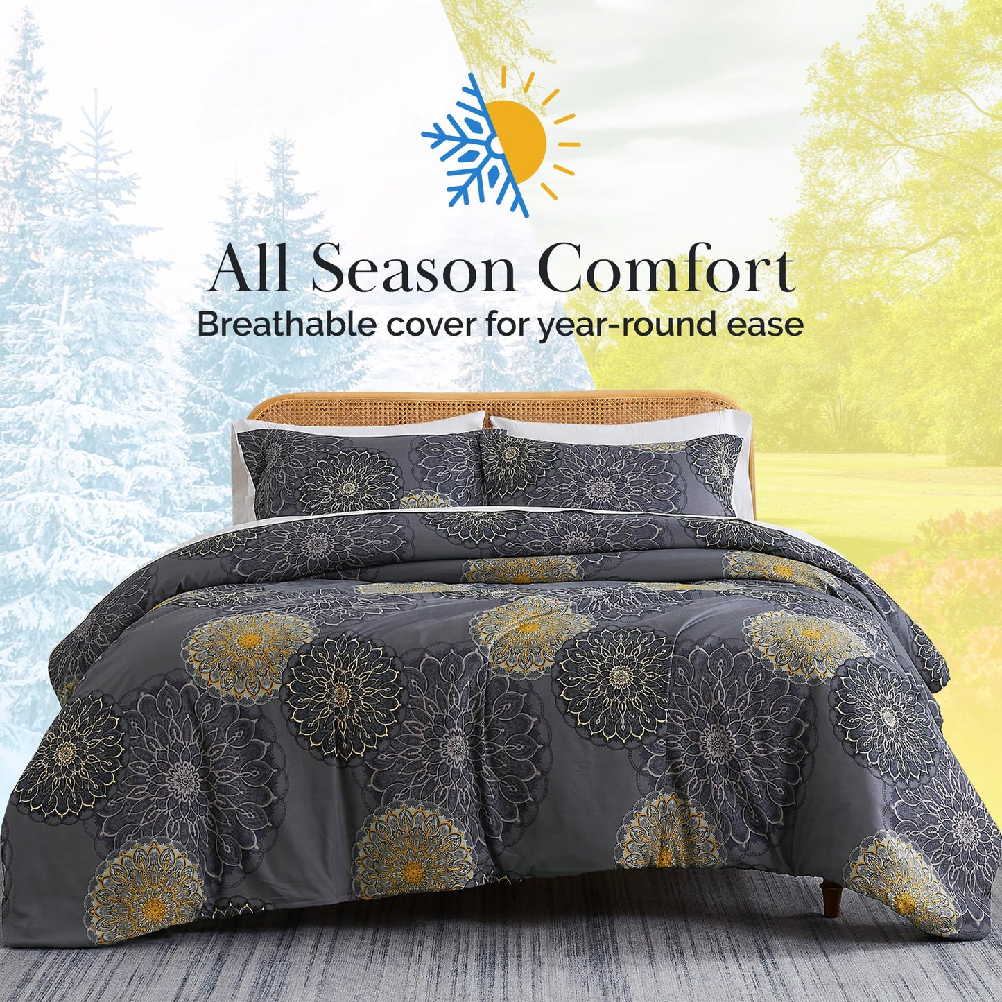 Southshore Fine Living, Inc. Oversized Floral Duvet Cover King Size/California, Reversible Cal King Duvet Cover Set, Pet Hair Resistant Bedding, 2 Pillow Shams, Insert Not Included - Midnight Black