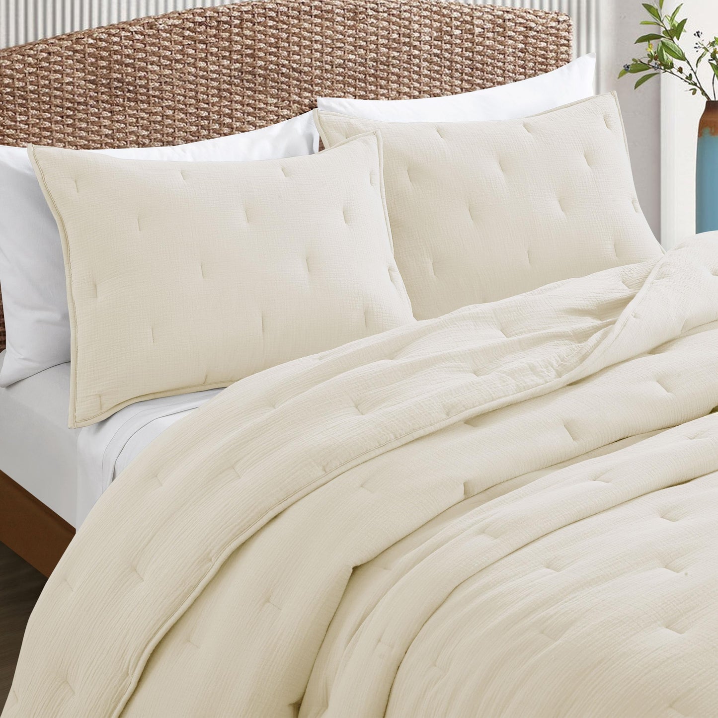 COZYXWORLD Pre-Washed 100% Cotton Muslin Gauze Comforter Set, 3 Piece Full/Queen Quilt Set, Duvet Insert with Corner Loops, 1" Line Quilted, Ivory