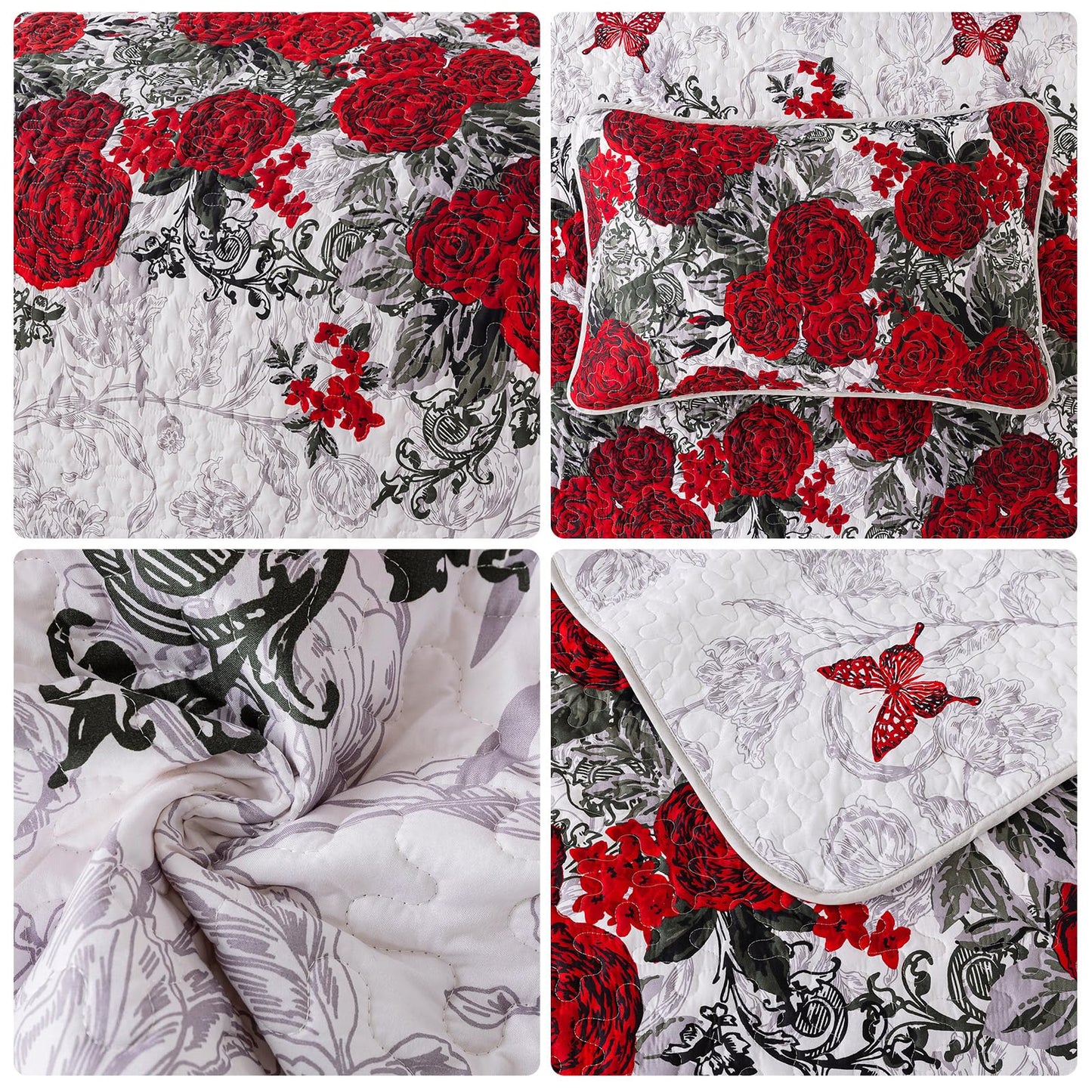 Yiran Red Floral Bedspreads Queen Size Rose Flowers Quilt Bedding Set 3 Pieces Lightweight Microfiber Botanical Coverlet with 2 Pillow Shams for All Season 96x90 Inch