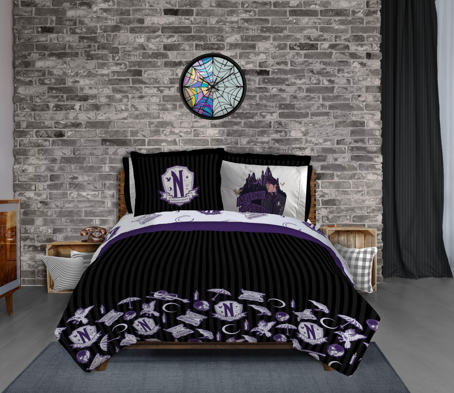 Jay Franco Wednesday Addams Twin Comforter Set 5 Piece Bedding Includes Sheet Set & Pillow Covers - Black and Grey Stripes Super Soft Kids Bedding