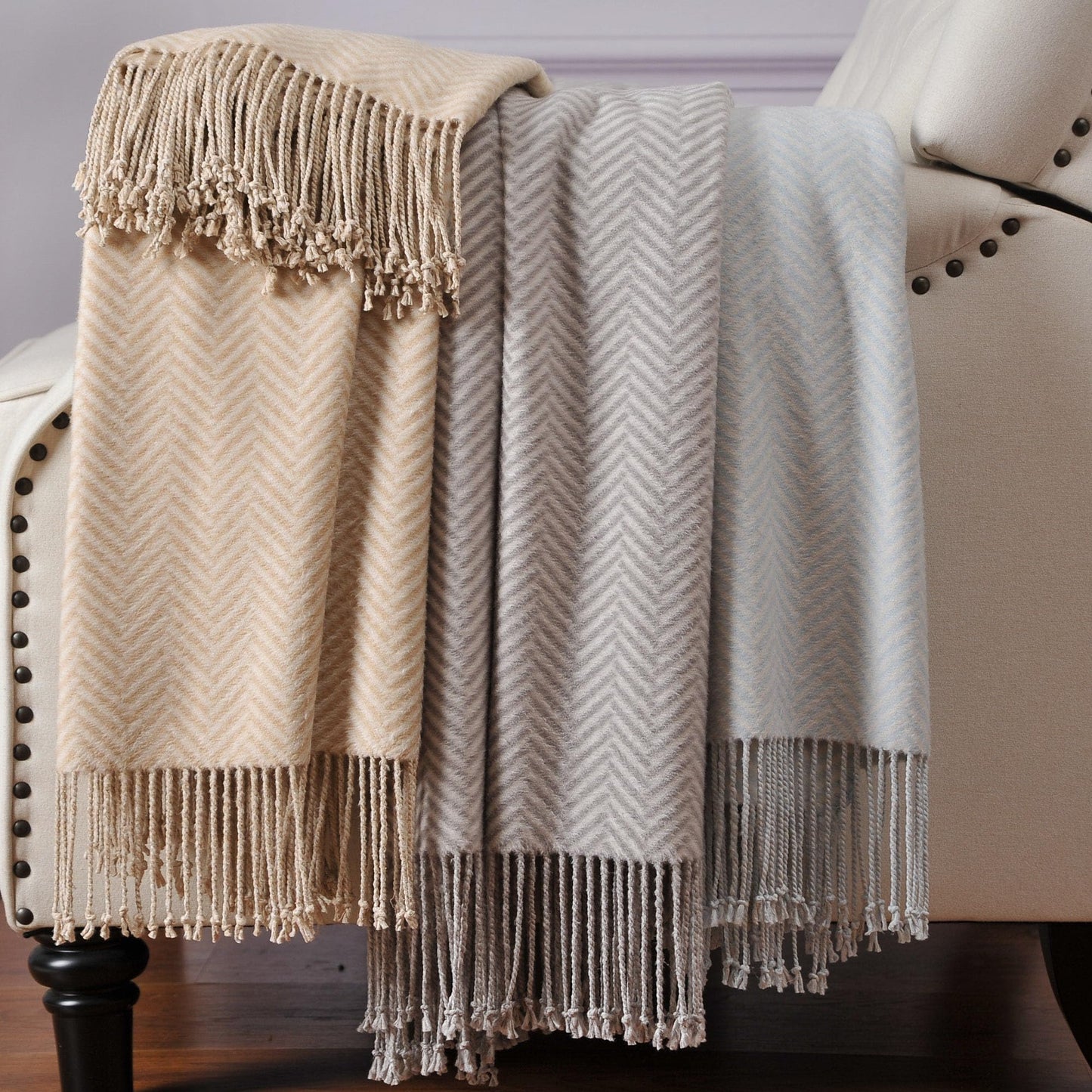 CUDDLE DREAMS Silk Throw Blanket with Hand-Knotted Fringe, Natural, Soft & Breathable (Herringbone-Taupe)