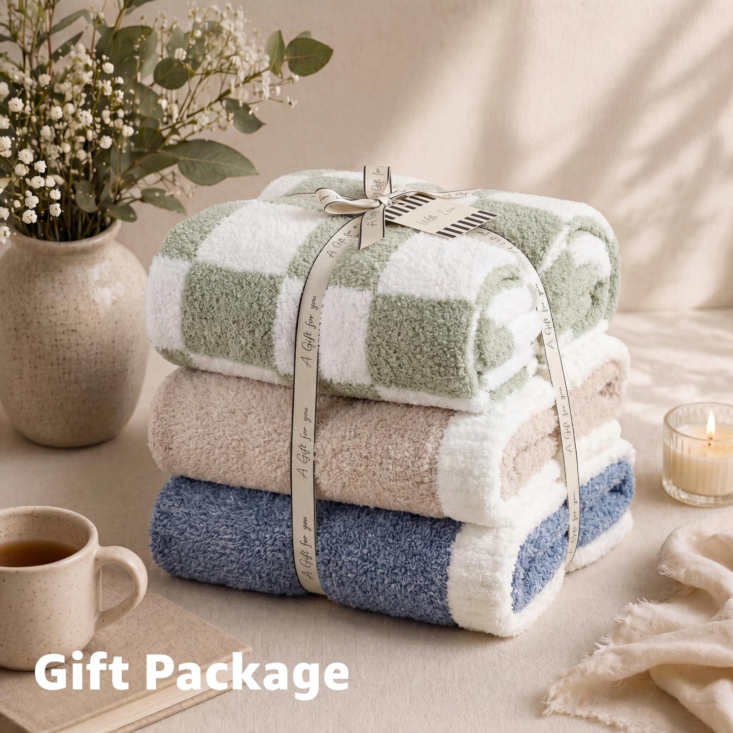 WRENSONGE Checkered Throw Blanket, Taupe Microfiber Soft Cozy Fluffy Warm Hand Made Throw Blankets for Couch, Sofa, Chair, Bed, Camping, Picnic, Travel Lightweight Bed Blanket - 50"*70"