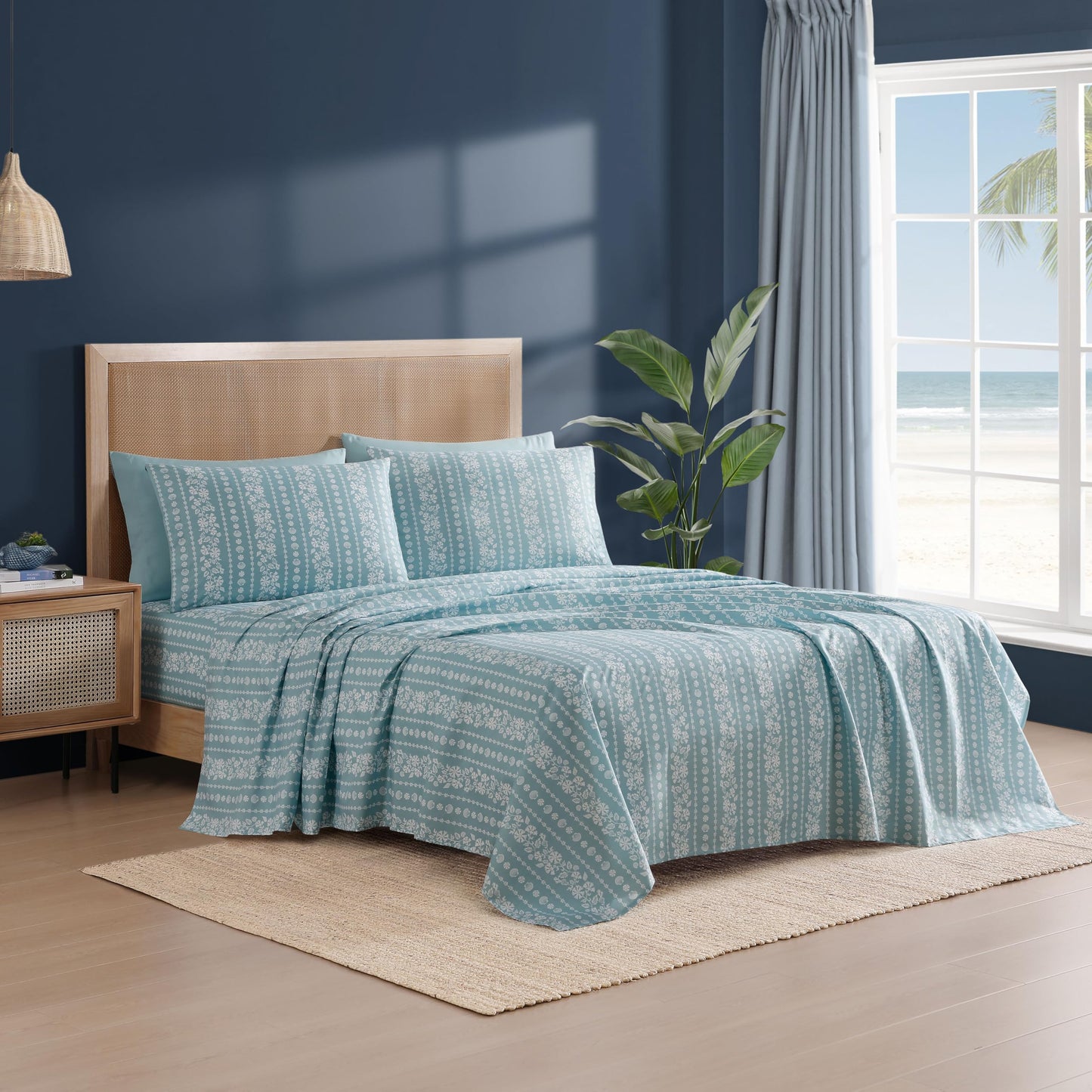 Caribbean Joe 6-Piece Sheet Set with Cooling Pillowcases, 12-inch Deep Pockets, Tropical Beach Coastal Design, Queen, Coastal Stripe Light Blue