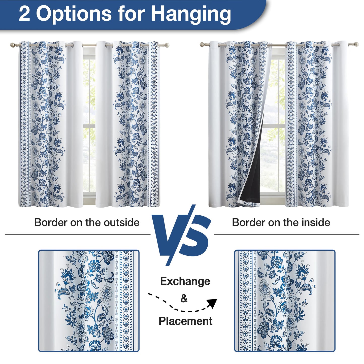 Jubilantex Botanical Blackout Window Curtain 95" Long Noise Reducing Thermal Insulated Window Treatments for Bedroom Grommet 52" W,Navy/Greyish White