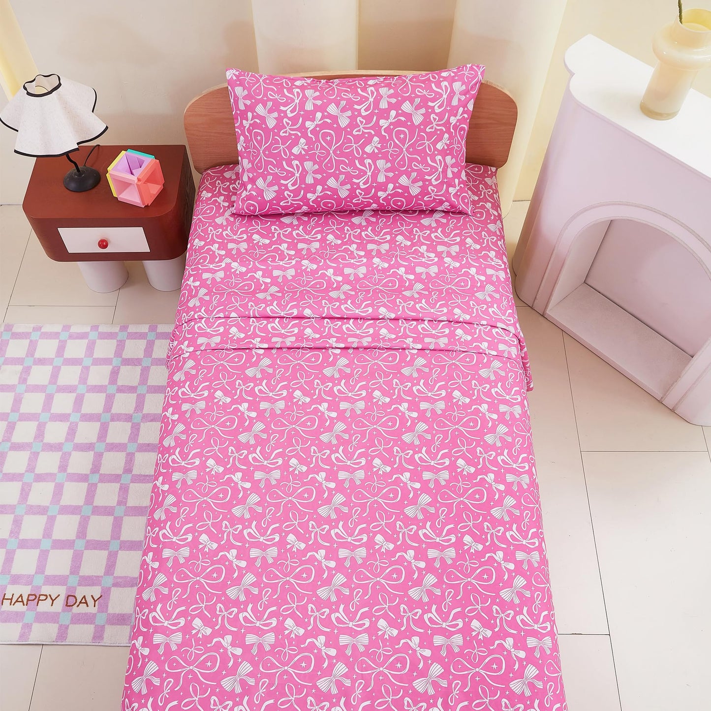 lasoftan Kids Sheet Set Twin Size, Twin Sheet Set with Pink Bow Pattern,Breathable Silky Soft Microfiber Kids Fitted Sheet