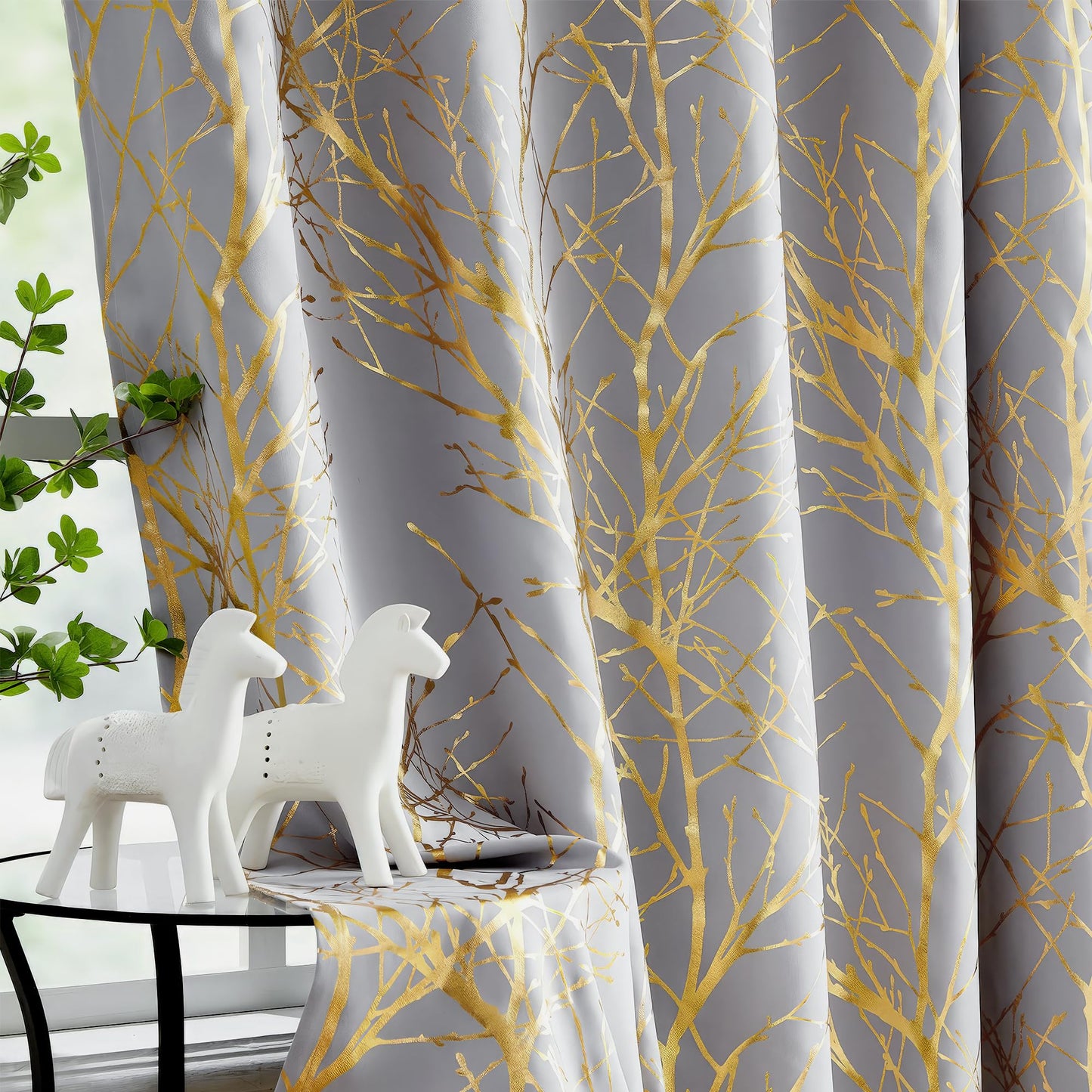 FMFUNCTEX 100% Blackout Curtains for Bedroom, Curtains 45 Inch Length Gold on Grey Tree Curtains for Living Room, Gold Foil Room Darkening Thermal Insulated Branch Curtain, 2 Panels Grommet Top