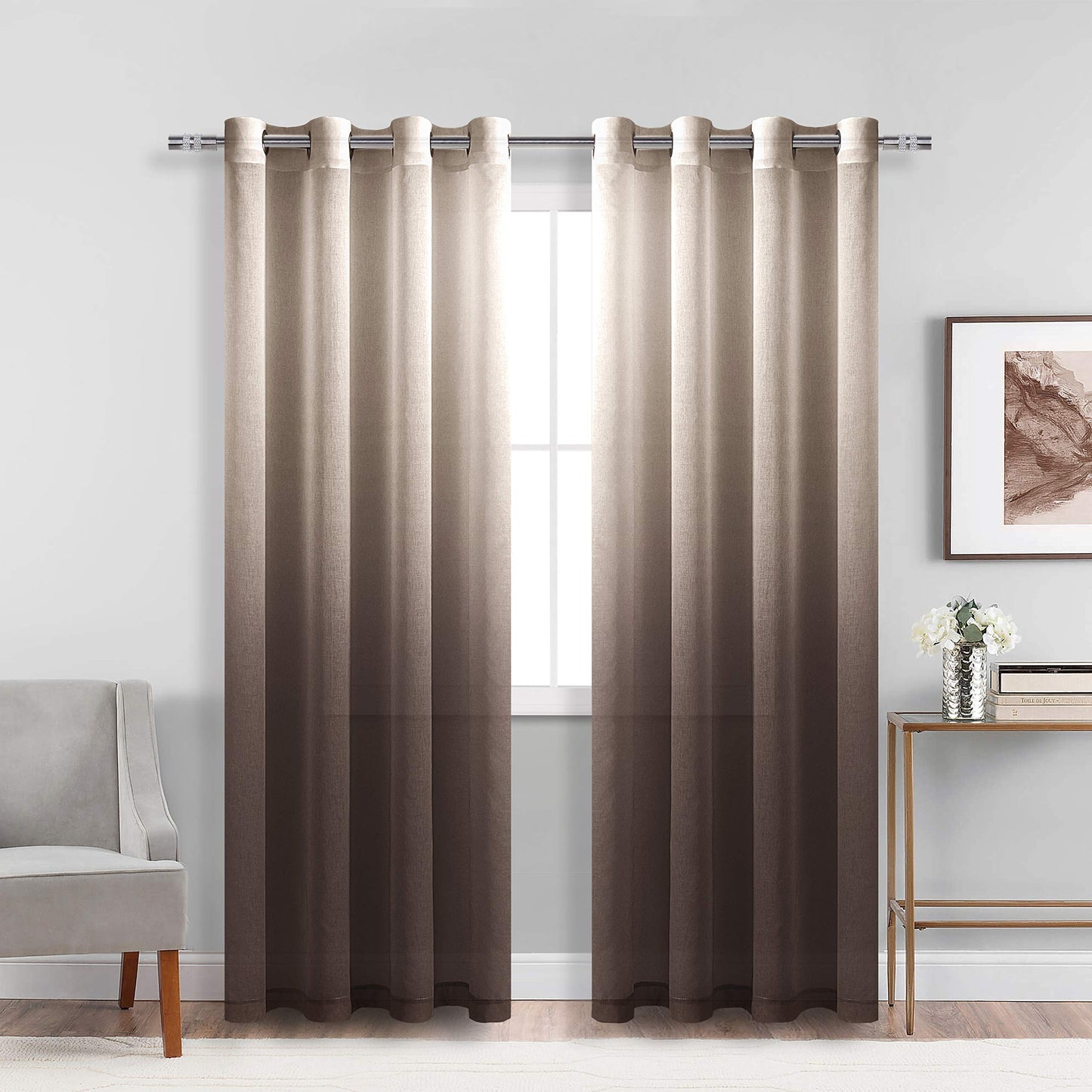 DWCN Faux Linen Ombre Sheer Curtains - Gradient Semi Voile Grommet Top Window Curtains for Bedroom and Living Room, Set of 2 Panels, 52 x 84 Inches Long, Chocolate Brown