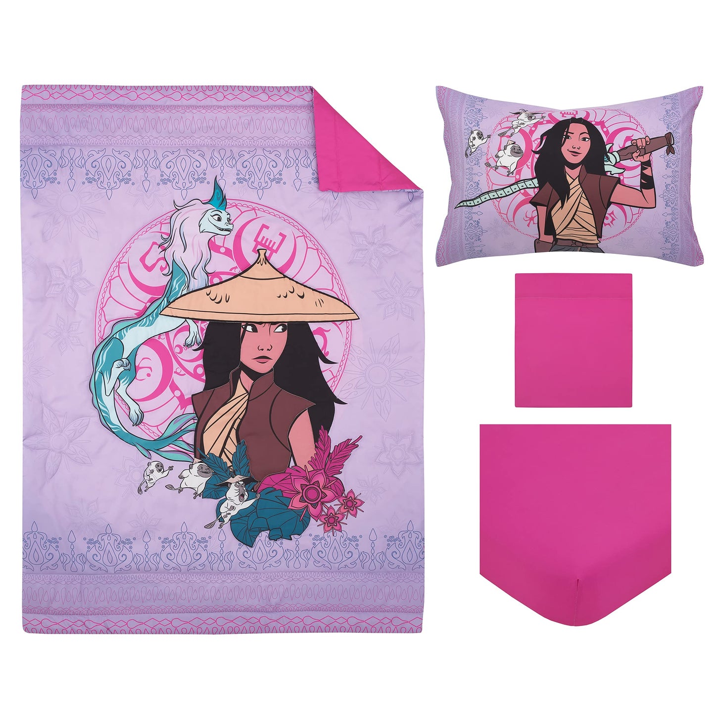 Disney Raya and The Last Dragon Mythic Pop Lavender, Magenta, and Blue with Sisu Dragon and Tuktuk 4 Piece Toddler Bed Set - Comforter, Fitted Bottom Sheet, Flat Top Sheet, and Reversible Pillowcase