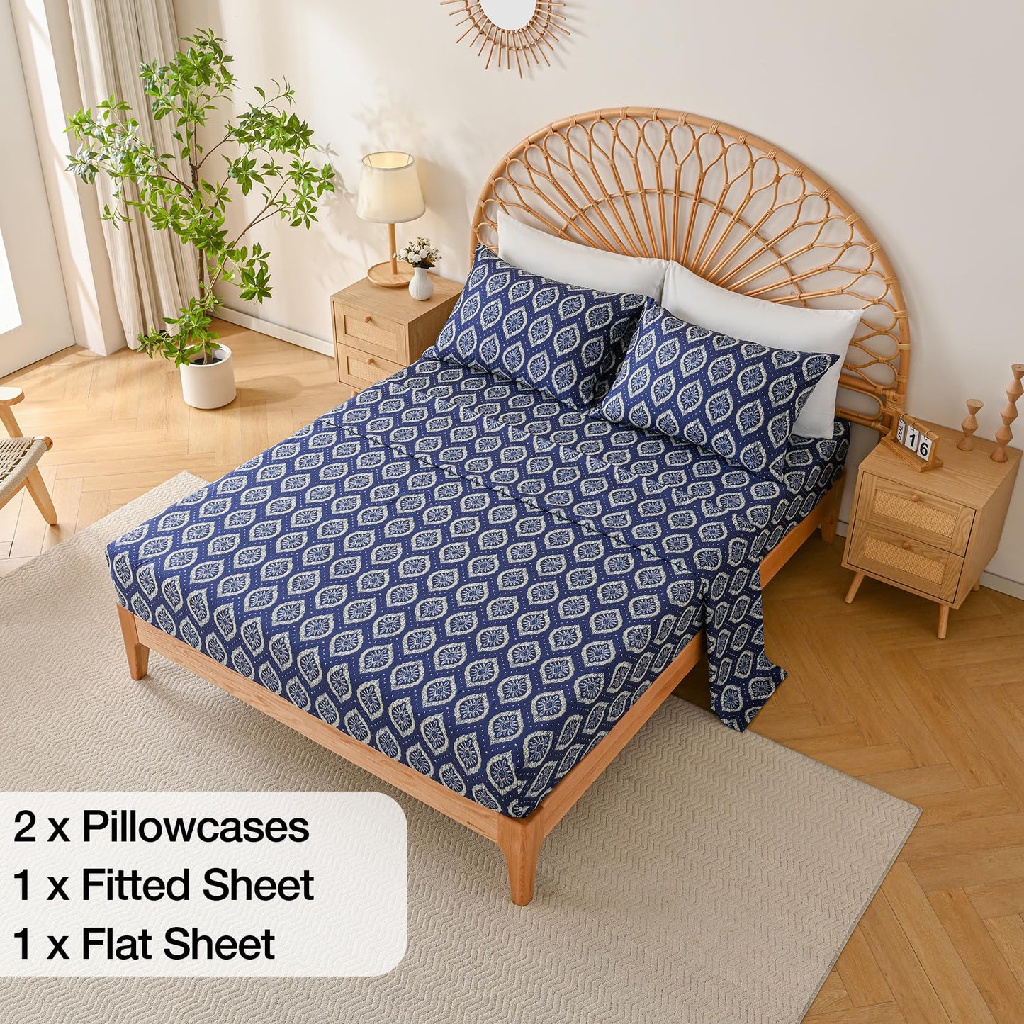 Yibeizi Navy Blue Patterned King Sheet Set Boho Printed Bed Sheets Microfiber Bedding Sheets & Pillowcases Soft 15" Extra Deep Pocket Fitted Bedsheet 4 Piece