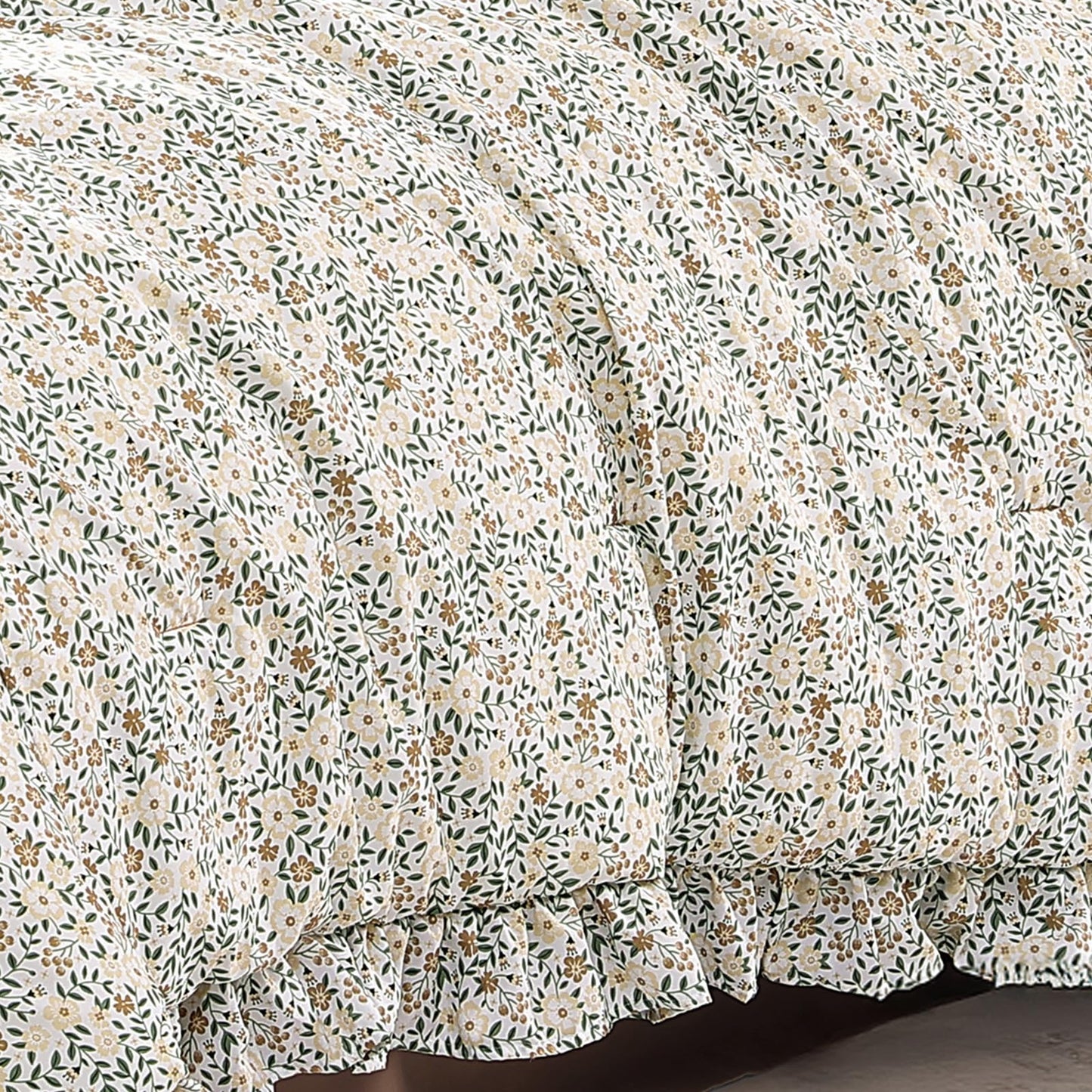 BLOOMHAVEN Queen Comforter Set - 7 Pieces Ruffle Beige Ditzy Bedding Sets, Shabby Chic Farmhouse Bed in a Bag Queen with Floral Comforter,Sheets, Pillowcases & Shams
