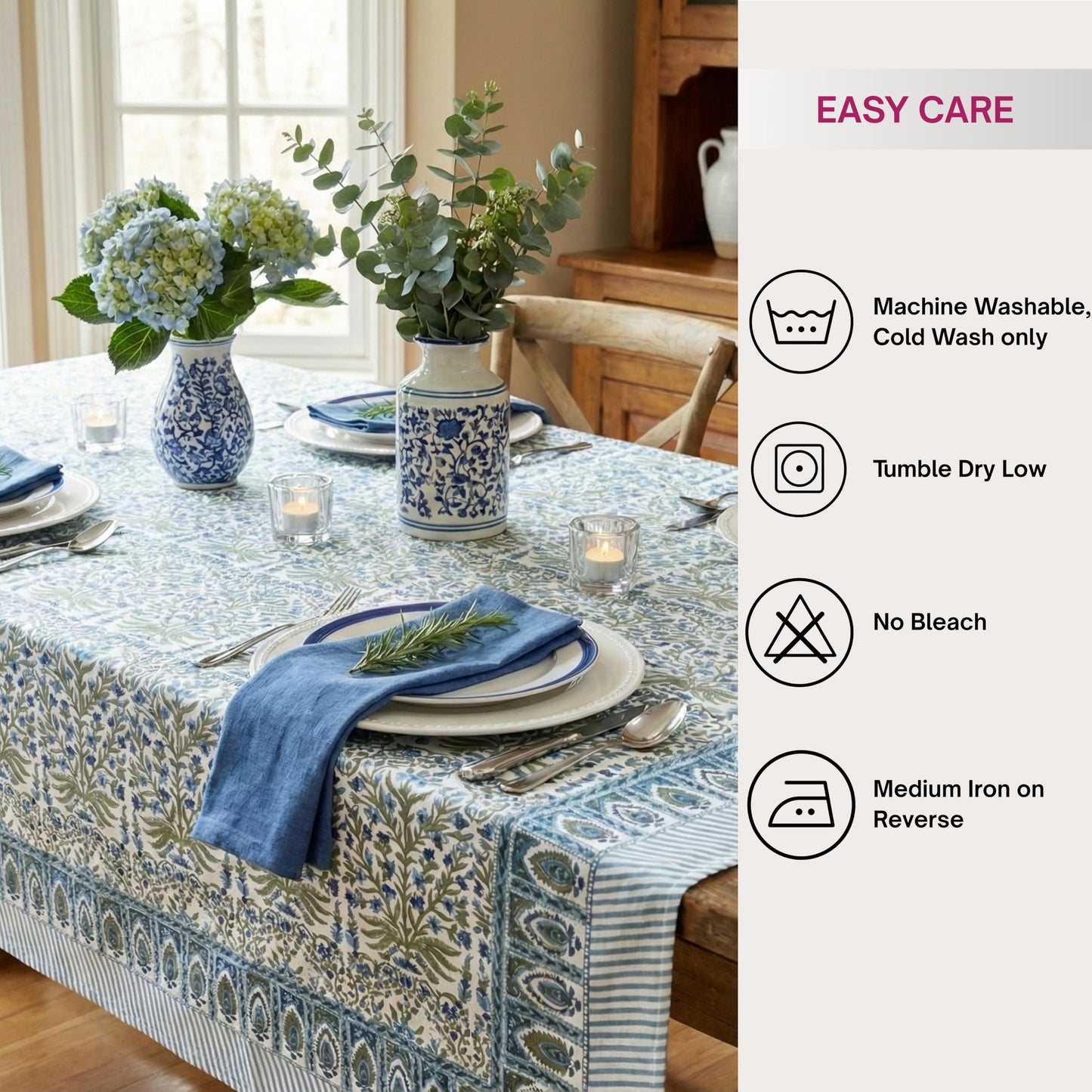 ATOSII Nargis Blue 100% Cotton Rectangle Summer Tablecloth, Indian Block Print Floral Table Cloth I Dining Parties Weddings Outdoors Holidays 60 X 90 Inches 6 Seater I Grandmillennial Farmhouse Boho