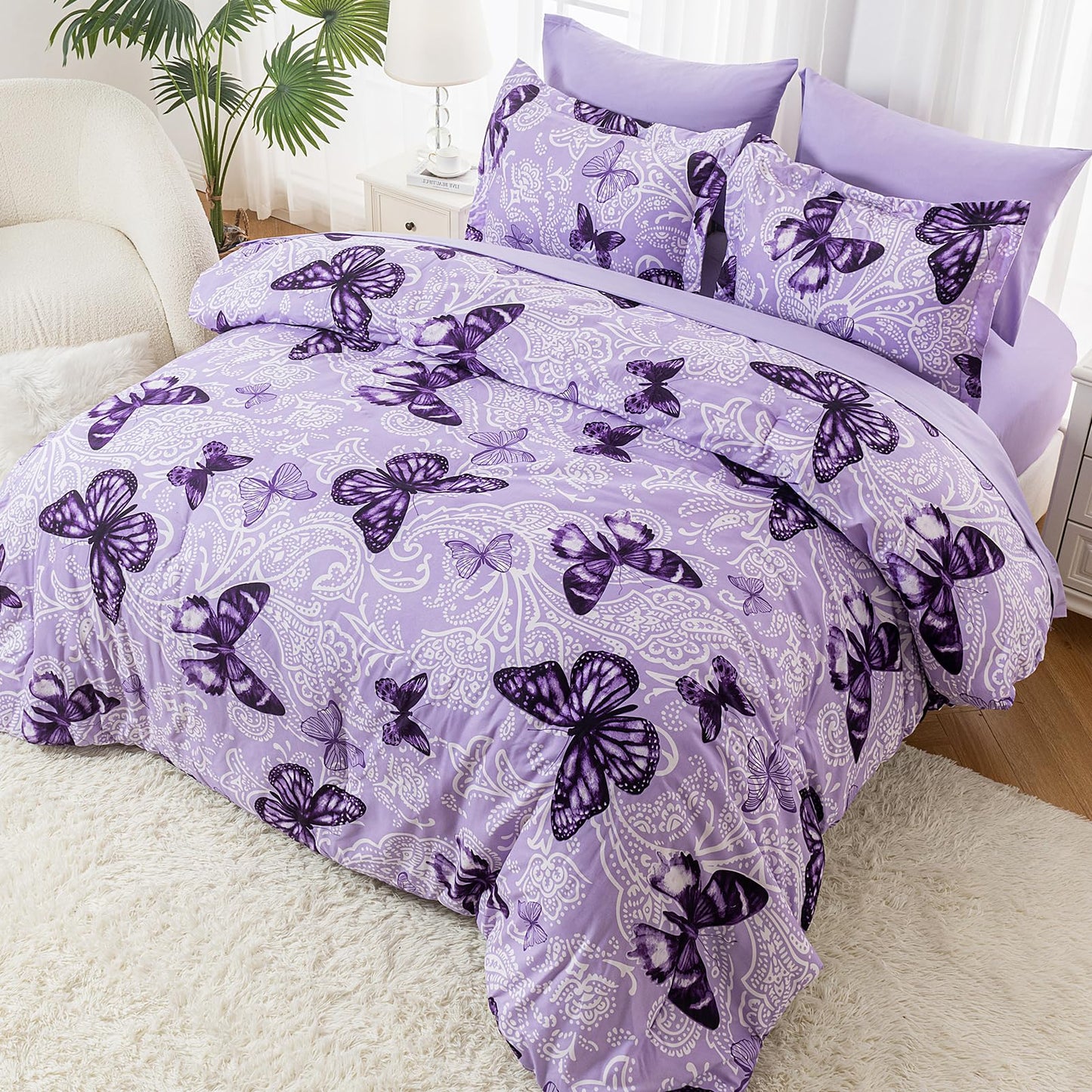 ARTALL Bed in A Bag Twin Size 5 Pieces, Purple Paisley Butterfly Bedding Comforter Set All Season Bed Set with 1 Comforter, 1 Pillow Sham, 1 Flat Sheet, 1 Fitted Sheet, 1 Pillowcase