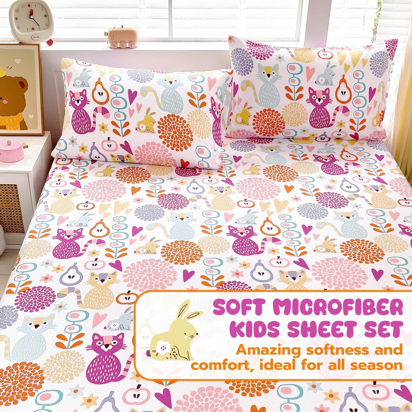 Homilay Full Sheet Set Kids - Kitty 4 Pieces Soft Microfiber Cartoon Style Bedsheets for Boys Girls Teens, Oeko TEX Breathable 15 Inch Deep Pocket Sheets(2D World Cat)