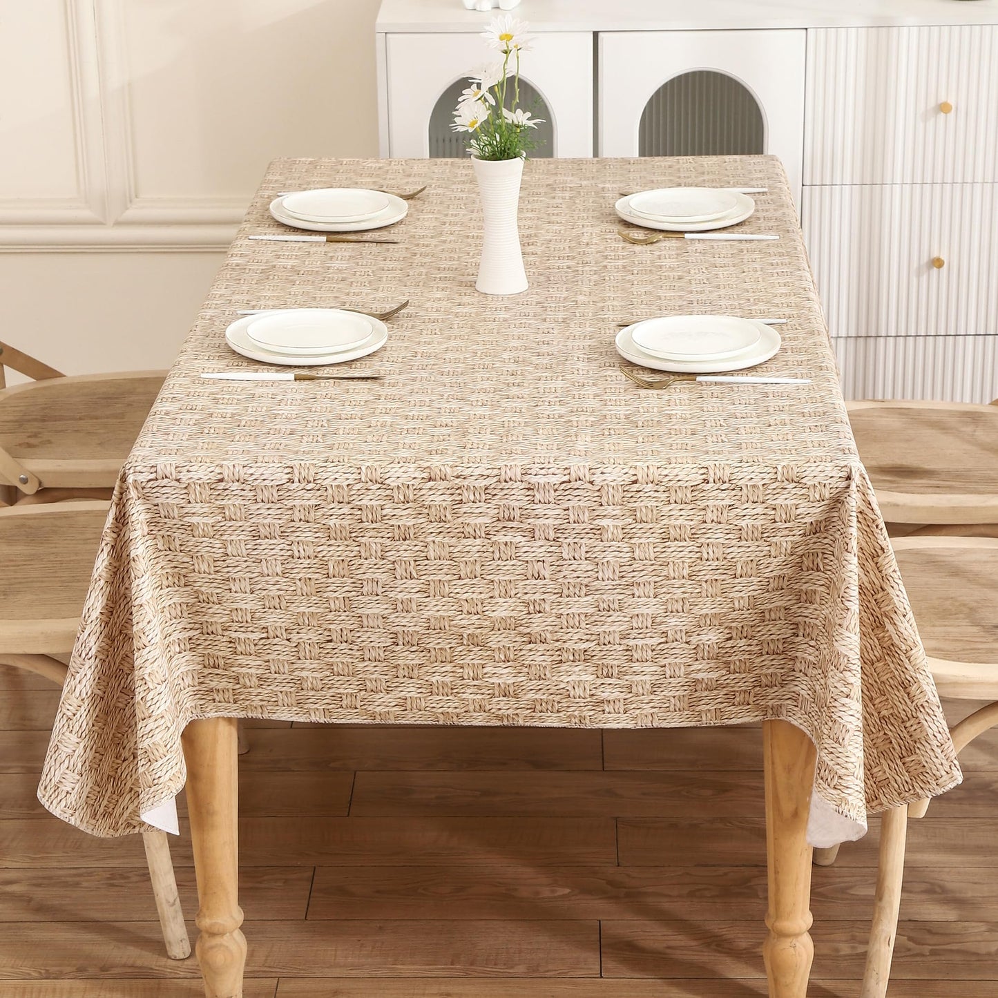 Walrus Heavy Duty Vinyl Tablecloth with Flannel Backing Waterproof Oil-Proof Plastic Table Cloth Stain-Resistant Wipeable Rectangle or Square Table Cover for Indoor and Outdoor (Weave, 54X54 Inch)