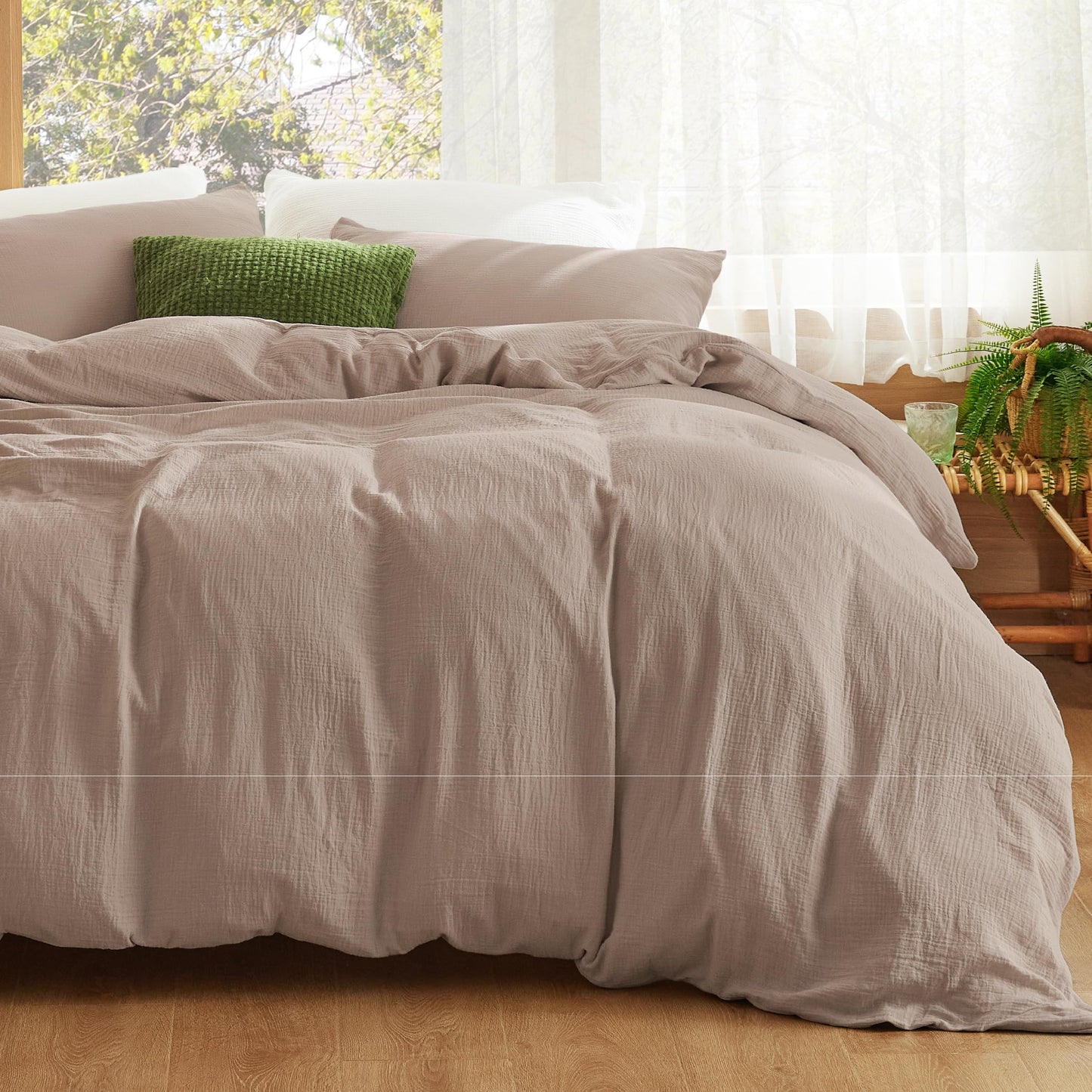 Bedsure 100% Muslin Cotton Duvet Cover King Size - Ultra-Soft Gauze Duvet Cover, PureWoven Breathable & Lightweight Bedding Set with Zipper Closure and Corner Ties (Khaki, King, 104"x90")
