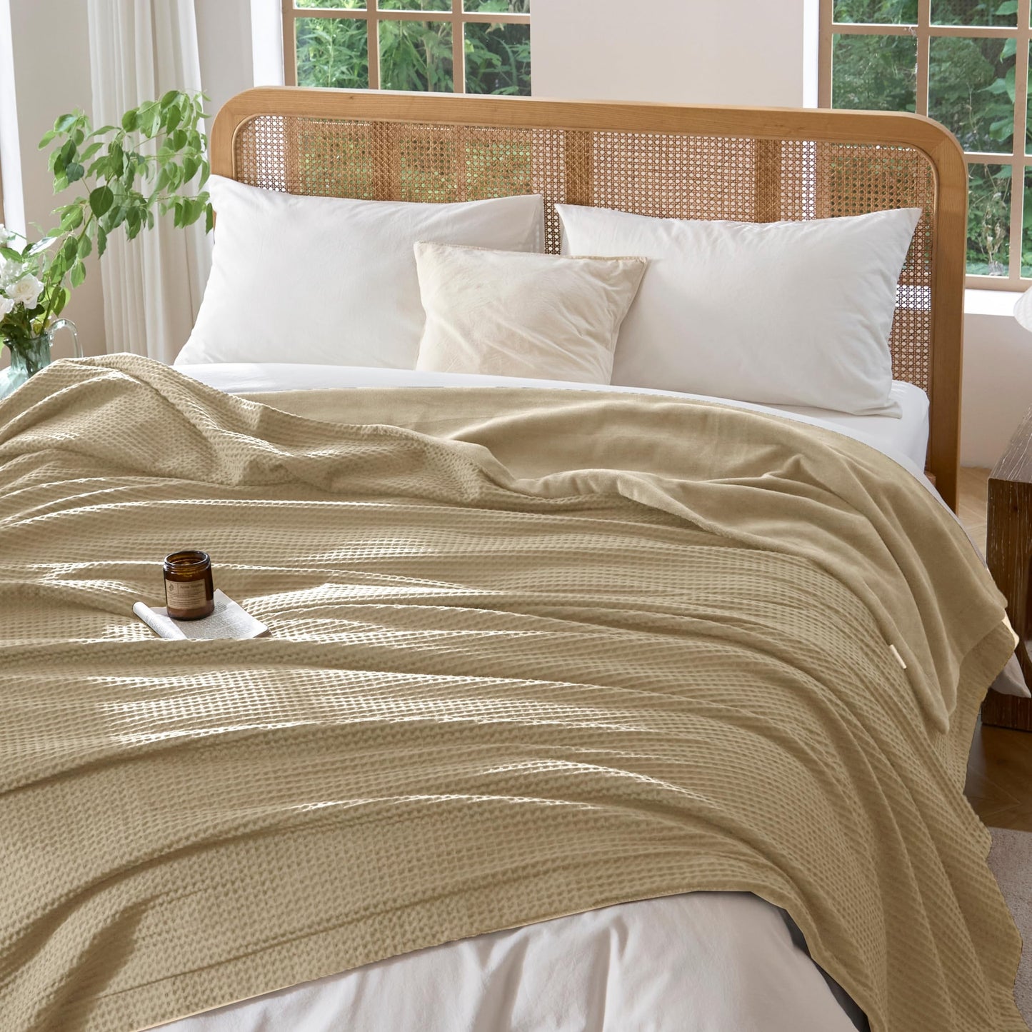 CHUFFED Cotton Waffle Blanket Throw Size - Plush Milk Velvet & Reversible Waffle Weave,Anti-Static 500Gsm Design,Thick Cozy Soft Winter Blanket for Bed, Couch, Sofa - Khaki, 50x70 Inches