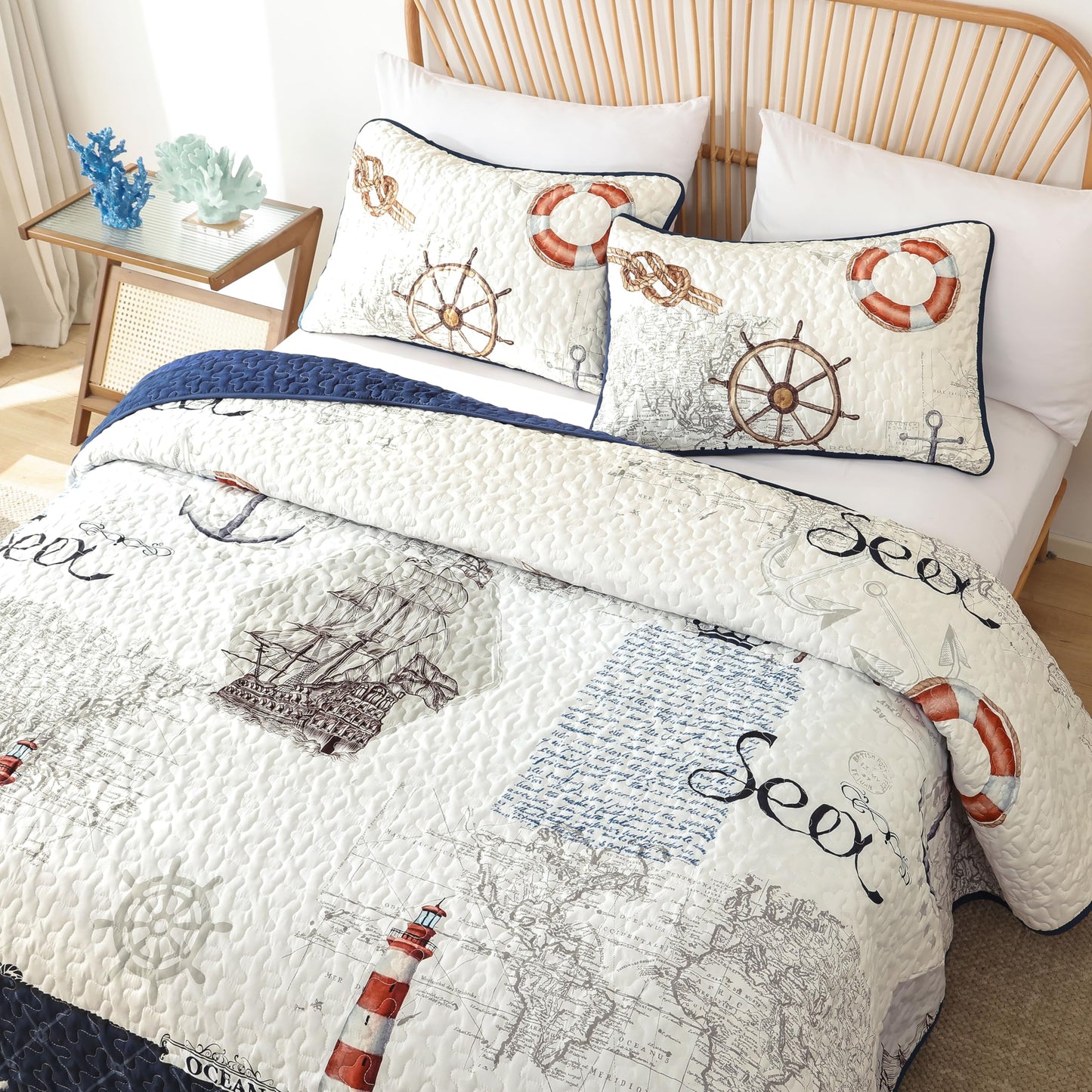Djoymock Ocean King Size Quilt Set 3 Piece,Nautical Coastal Quilt Bedding Set with 2 Shams Soft Lightweight Beach Bedspread Coverlet Summer Reversible Microfiber Comforter Set for All Season, 104"x90"