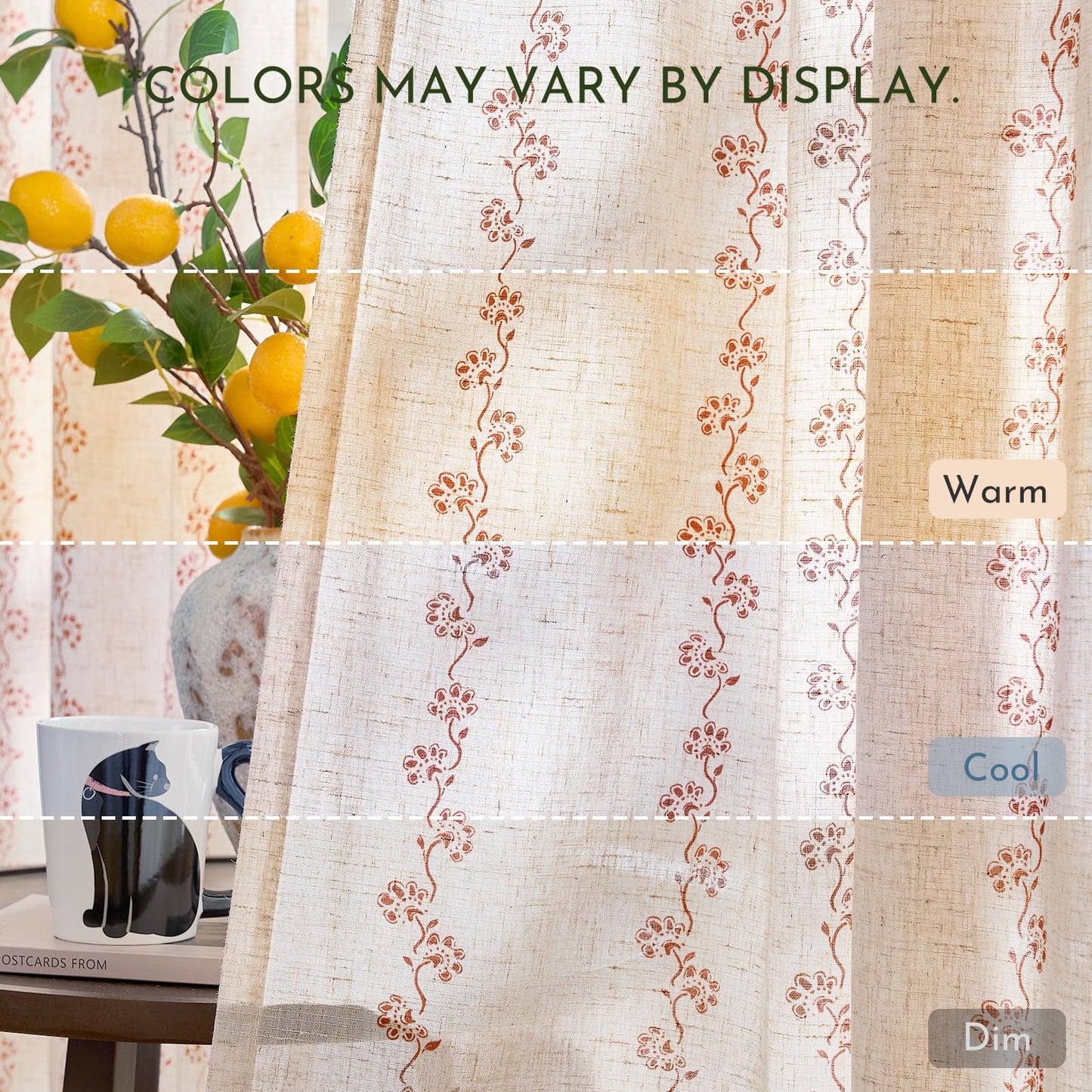 Lazzzy Cathy Linen Floral Curtains for Living Room Terracotta Curtains for Bedroom Farmhouse Drapes 84 Inches Length 2 Panels Back Tab W50 x L84 Terracotta on Linen
