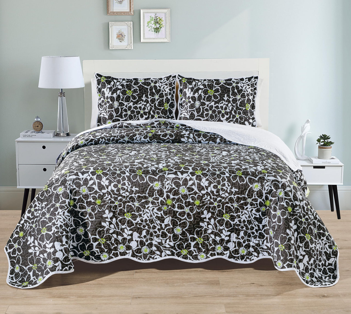 Grand Linen 3-Piece Queen Size Quilt Set, Black White Green