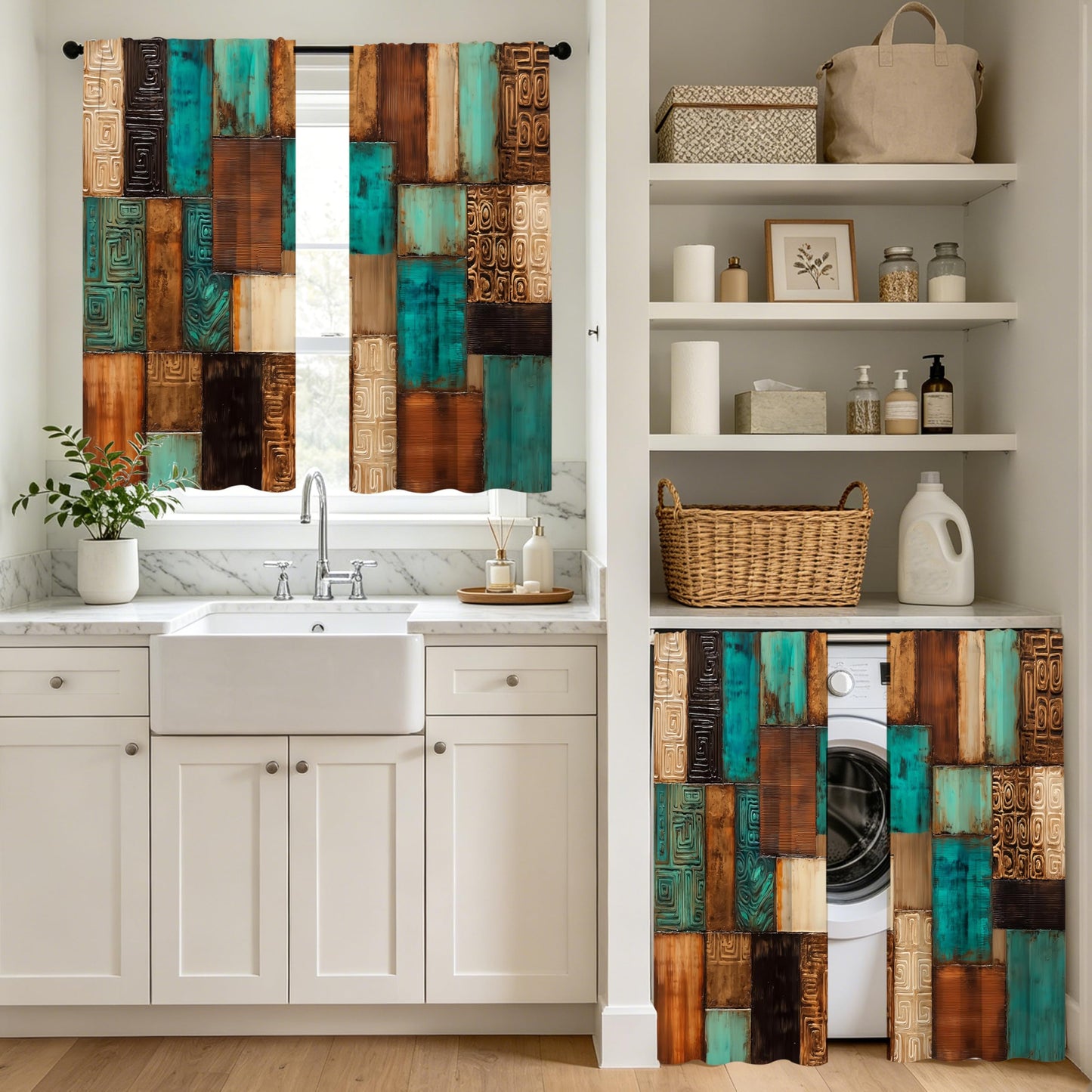 bassyil Vintage Geometric Teal Kitchen Curtains Cafe Curtains for Bathroom Dining Room Living Room Farmhouse Pocket Window Drapes 2 Panels Set Blackout Curtain 28"x36"