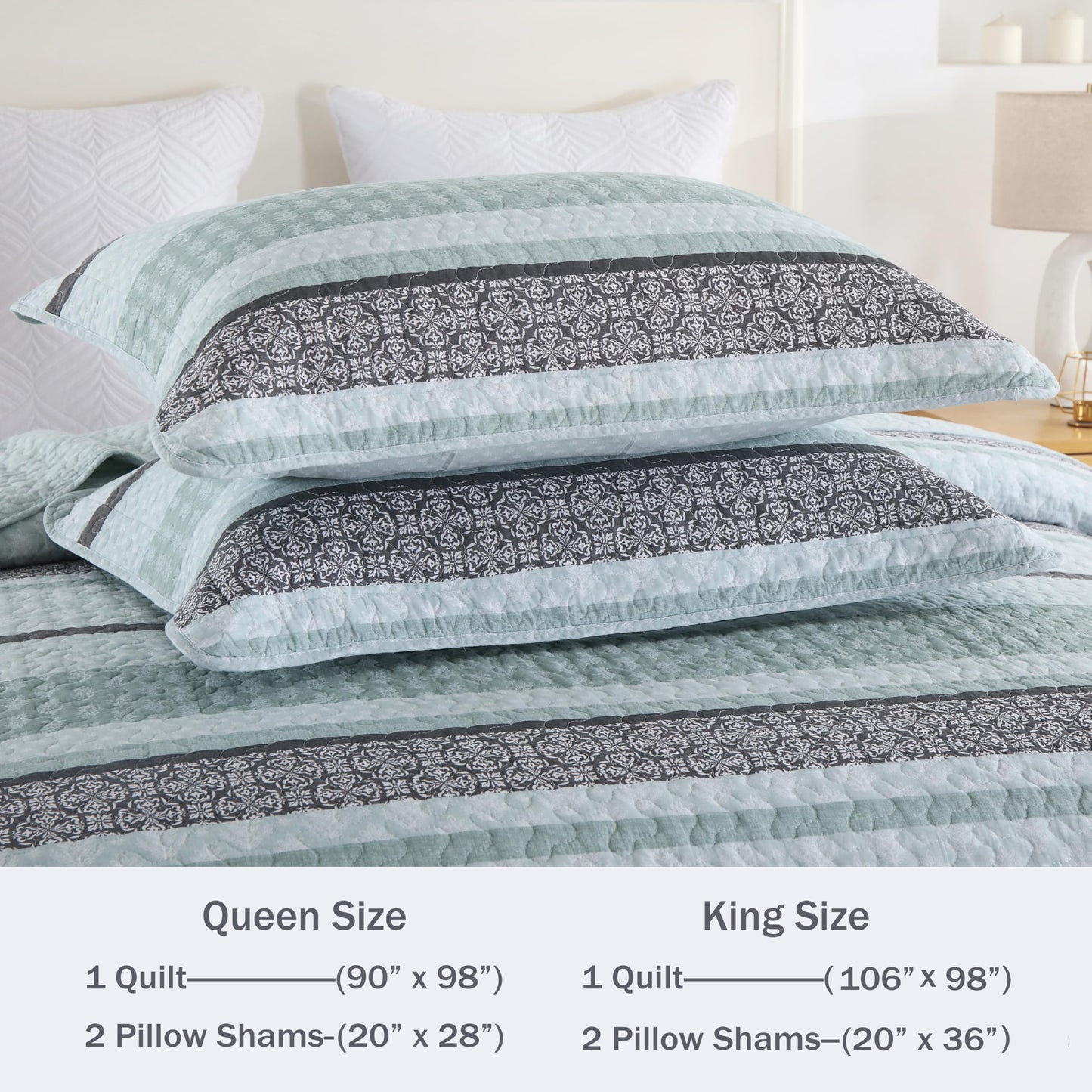 Homzard King Size Quilt,Cotton King Size Comforter Set,Mint Green Grey Bedding Set,Striped Bedspread,Lightweight Summer Comforter Sets 3 Piece