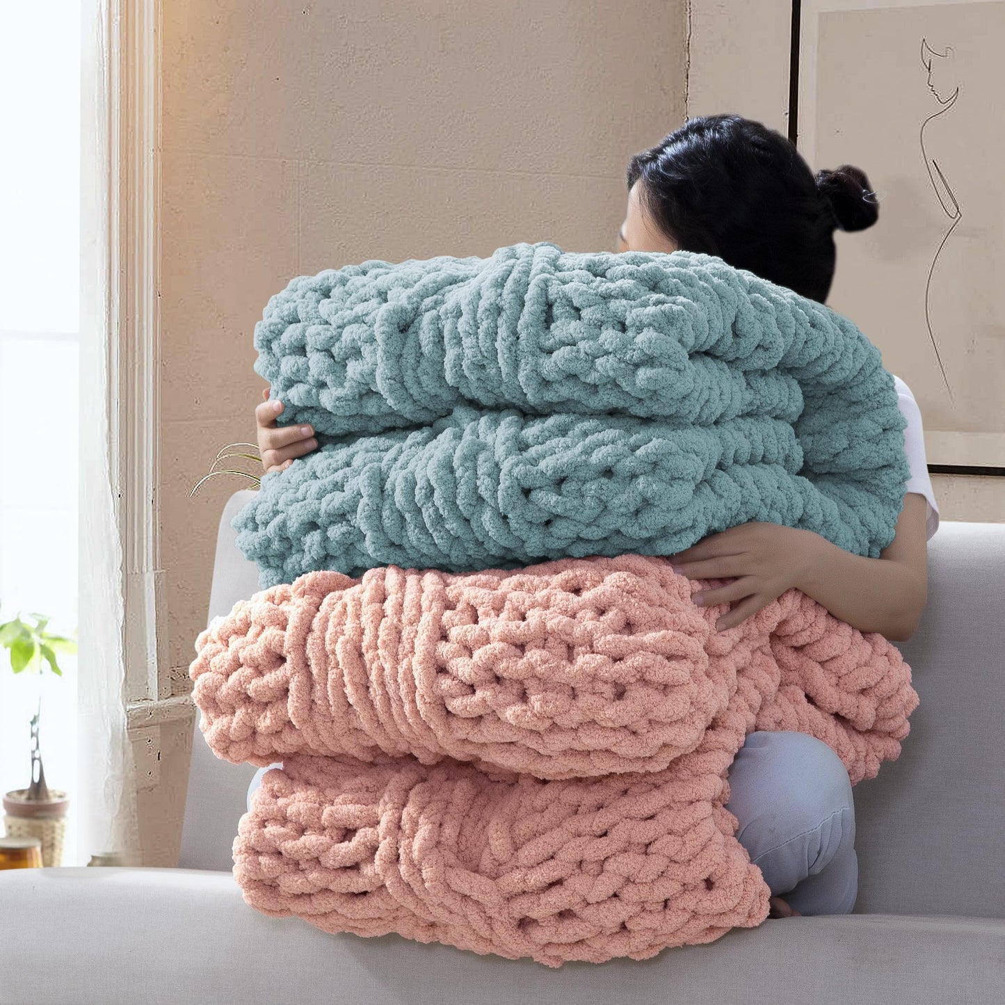 CLOUDS HUG Chunky Knit Blanket Throw - 100% Hand Knitted Chunky Soft Throw Blanket for Couch, Thick and Warm Blanket for Winter, Pink, 50x60 Inches
