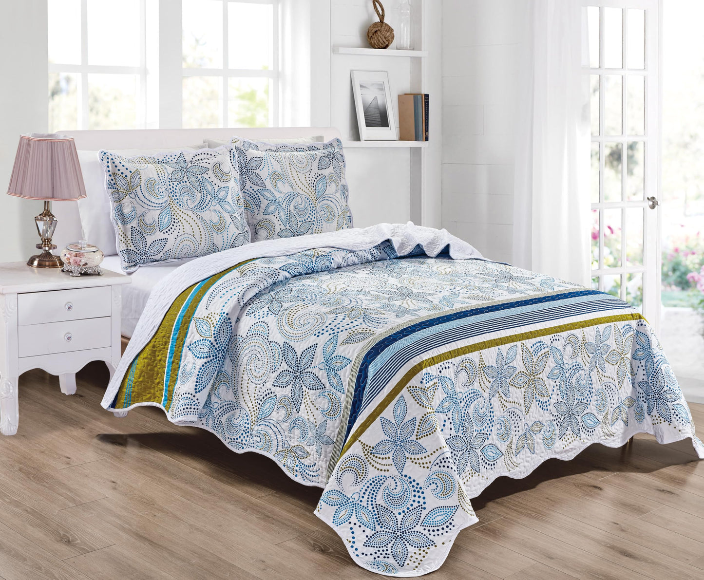 Grand Linen 3-Piece Queen Size Quilt Set, Blue White Green
