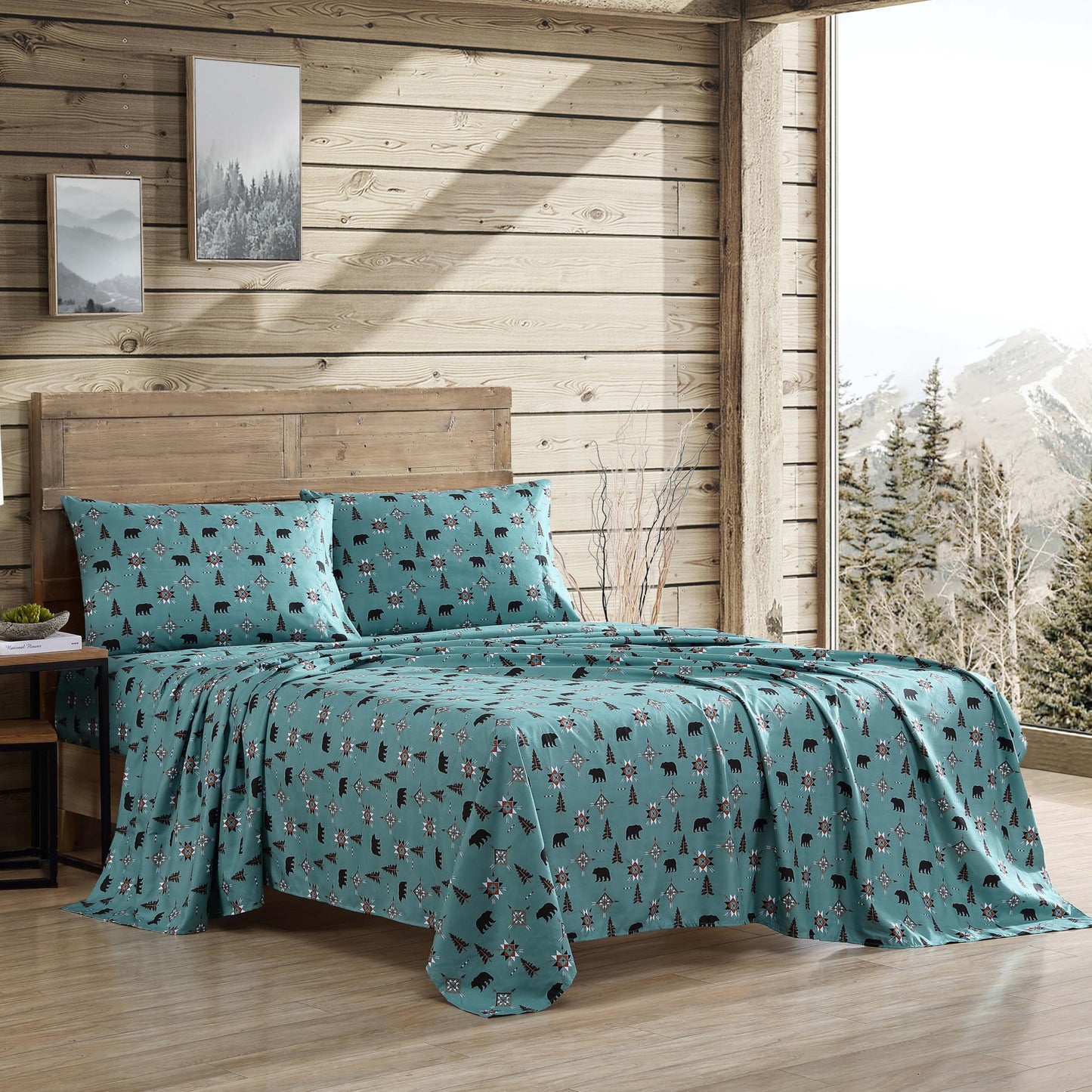 Beatrice Home Fashions Cozy Cabin 3-Piece Twin Microfiber Bedding Sheet Set with Deep Pockets Rustic Patchwork Plaid Deer, Wilderness Bears