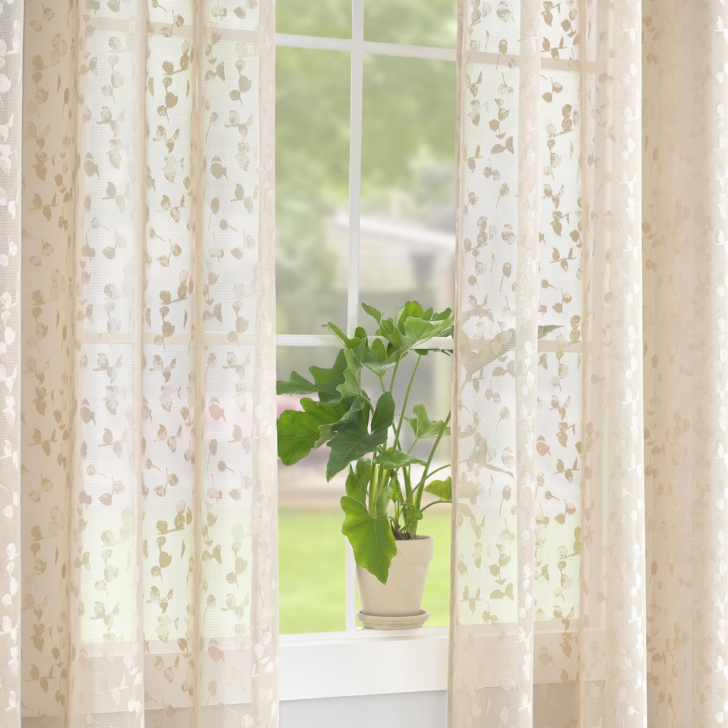 Jubilantex Beige Lace Sheer Curtains Embroidered Leaf Buds 63 Inches Long for Bedroom Textured Knitted Light Filtering Window Treatment Beige,52" W