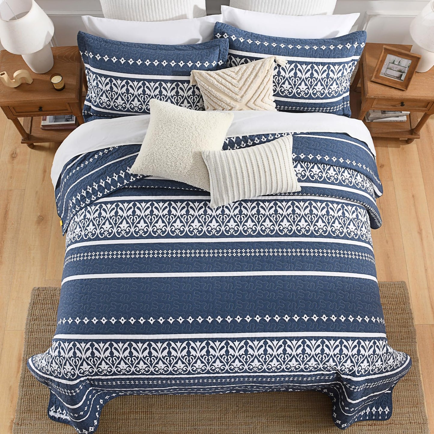 BCOTTOND Quilt Set 100% Cotton Boho Striped King Quilt,Navy Blue Quilt King Size Bohemian Pattern King Bedspread Lightweight All Season 3 Piece