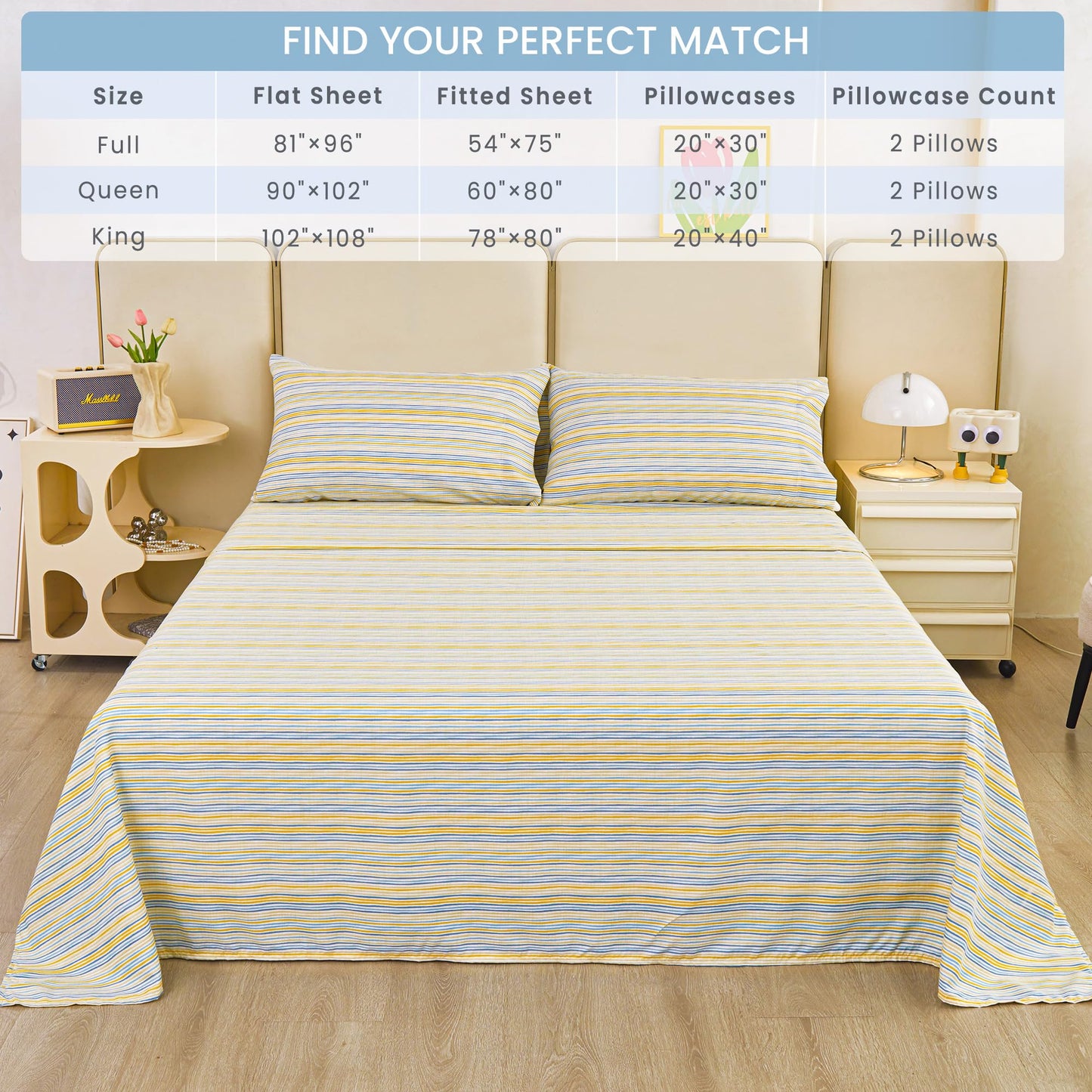 Mooreeke Striped Queen Bed Sheets, Deep Pocket 4 Piece Queen Sheet Set, Soft Microfiber Blue Yellow Pinstripe Bedding Sheets & Pillowcases