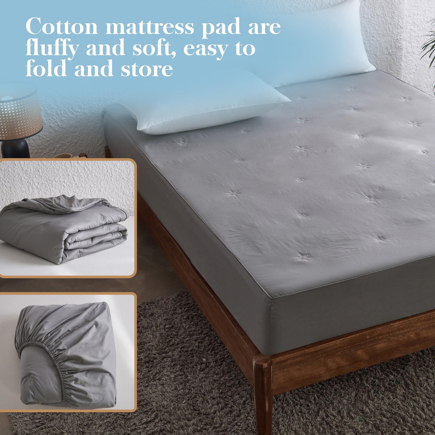 Simple&Opulence Queen Size Mattress Pad Protector, 100% Cotton Top Cooling Breathable Quilted Mattress Cover Fitted Sheet Stretches up to 16 Inches Deep Pocket Non Slip Soft Bed Pad Topper-Dark Grey