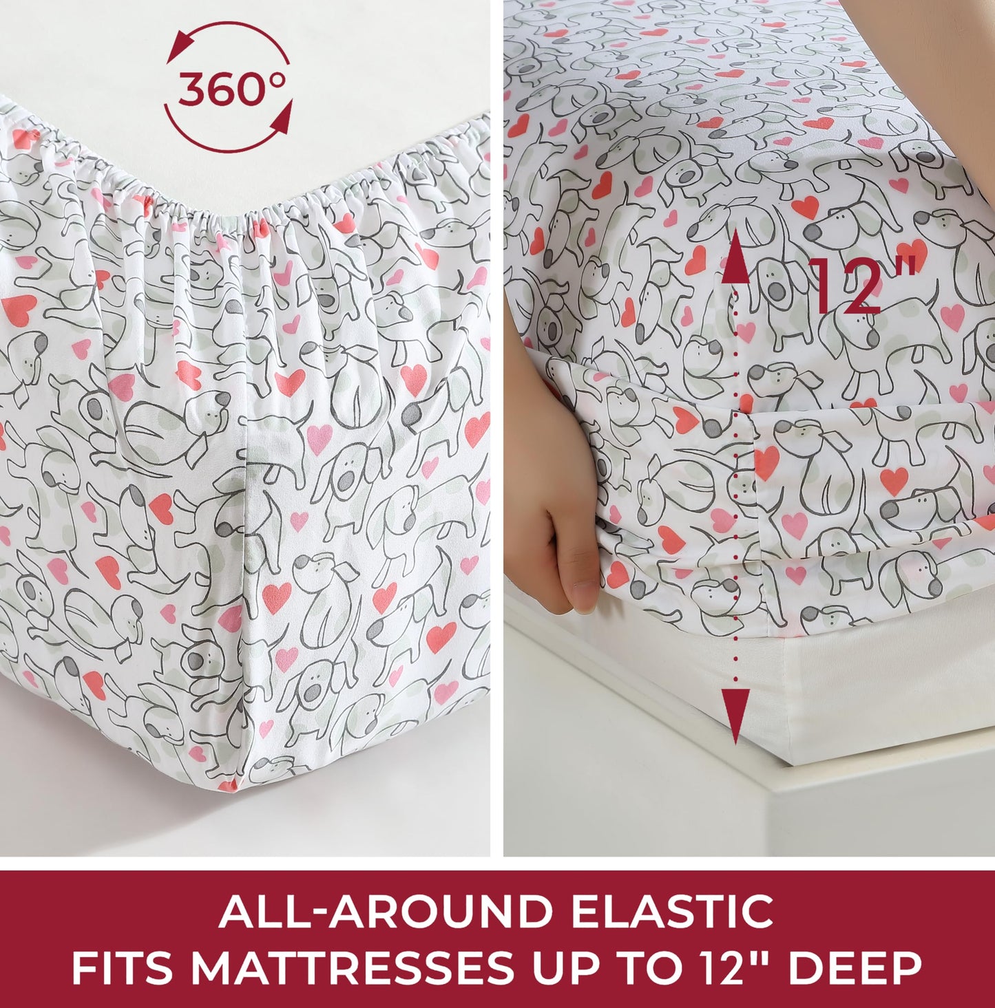 Beatrice Home Fashions Printed Microfiber Sheet Set, Soft Comfortable Easy Care, Includes 1 Fitted Sheet with 12" Deep Pockets, 1 Flat Sheet, Pillowcase, Full, Hearts & Hounds