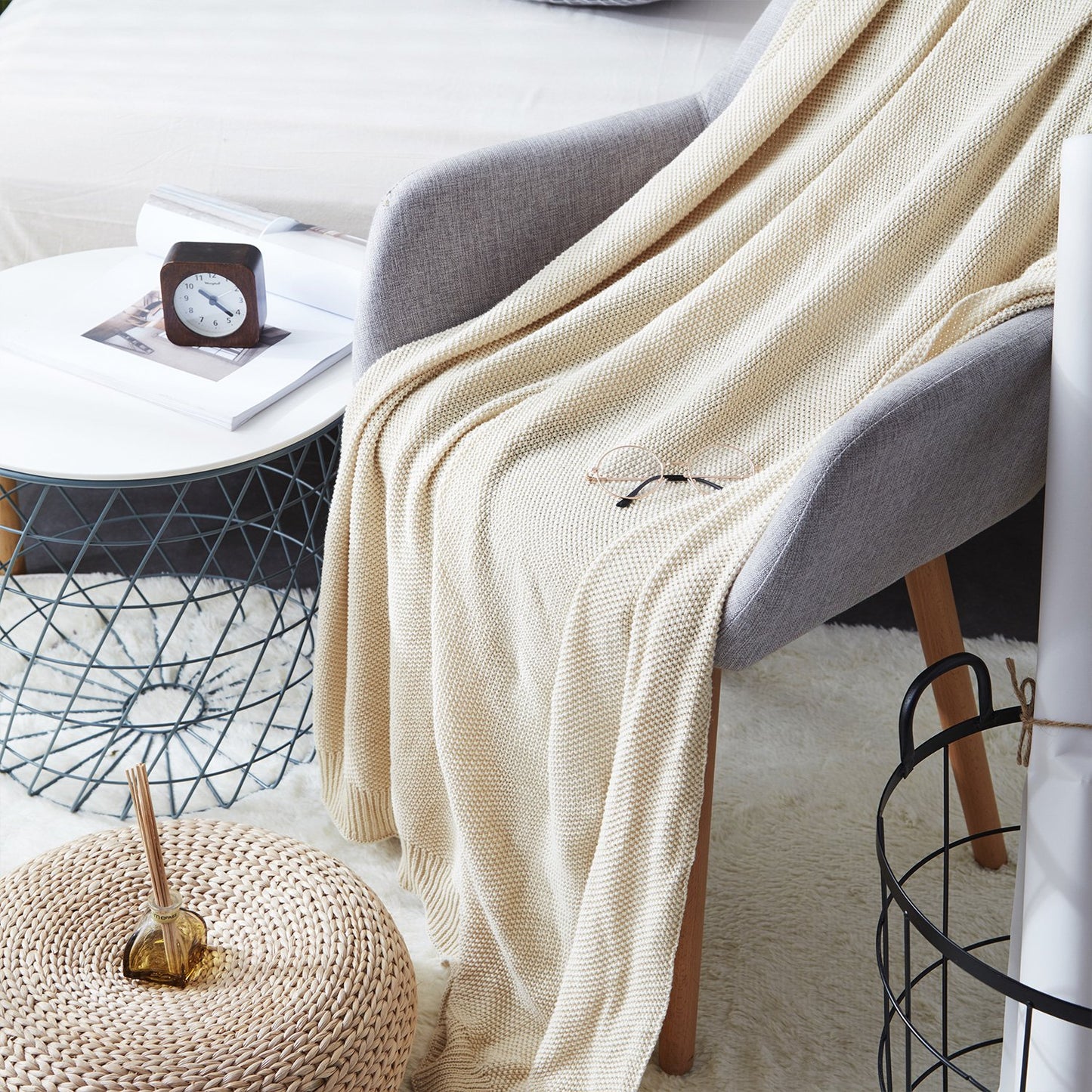 Adory Sweety Throw Blanket Moss Stitch Solid Soft Sofa Couch Decorative Knitted Blanket,50 x 60 inch, As Gift with Free Washing Bag (Beige)
