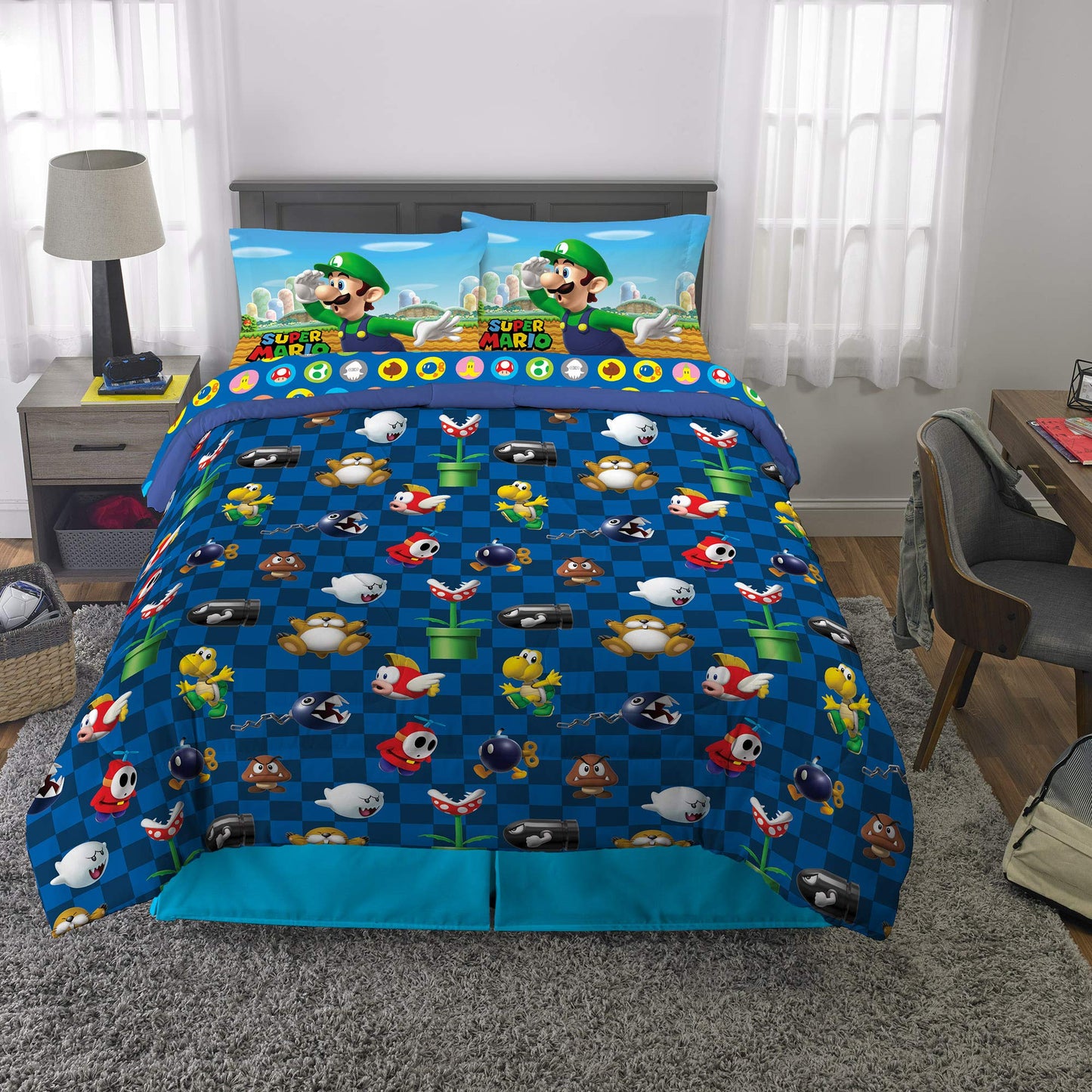 Super Mario Kids Full Size Bedding, 5 Piece Super Soft Cozy Reversible Comforter and Sheet Set, (Officially Licensed Product) By Franco