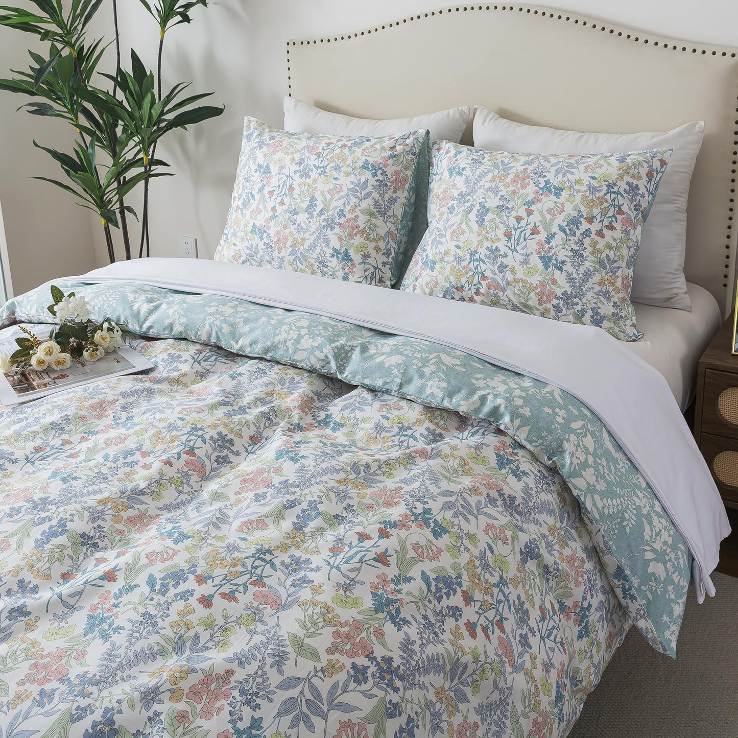 HoneiLife Cotton King Duvet Cover - Floral Comforter Cover 3-Piece, Botanical Bedlinen Set with Zipper Closure & Corner Ties, Wildflower Comforter Cover Sets All Season Use