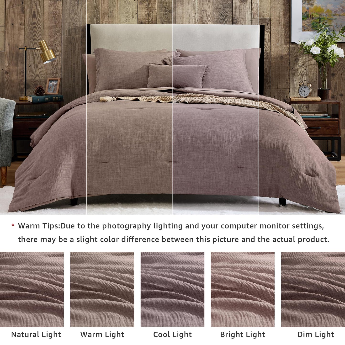 Geniospin Queen Comforter Set - 7 Pieces Comforter Queen Size, Soft Solid Bedding Set for All Season, Textured Bed in a Bag with Sheets, Pillowcases & Shams (Misty Rose, 90''x90'')
