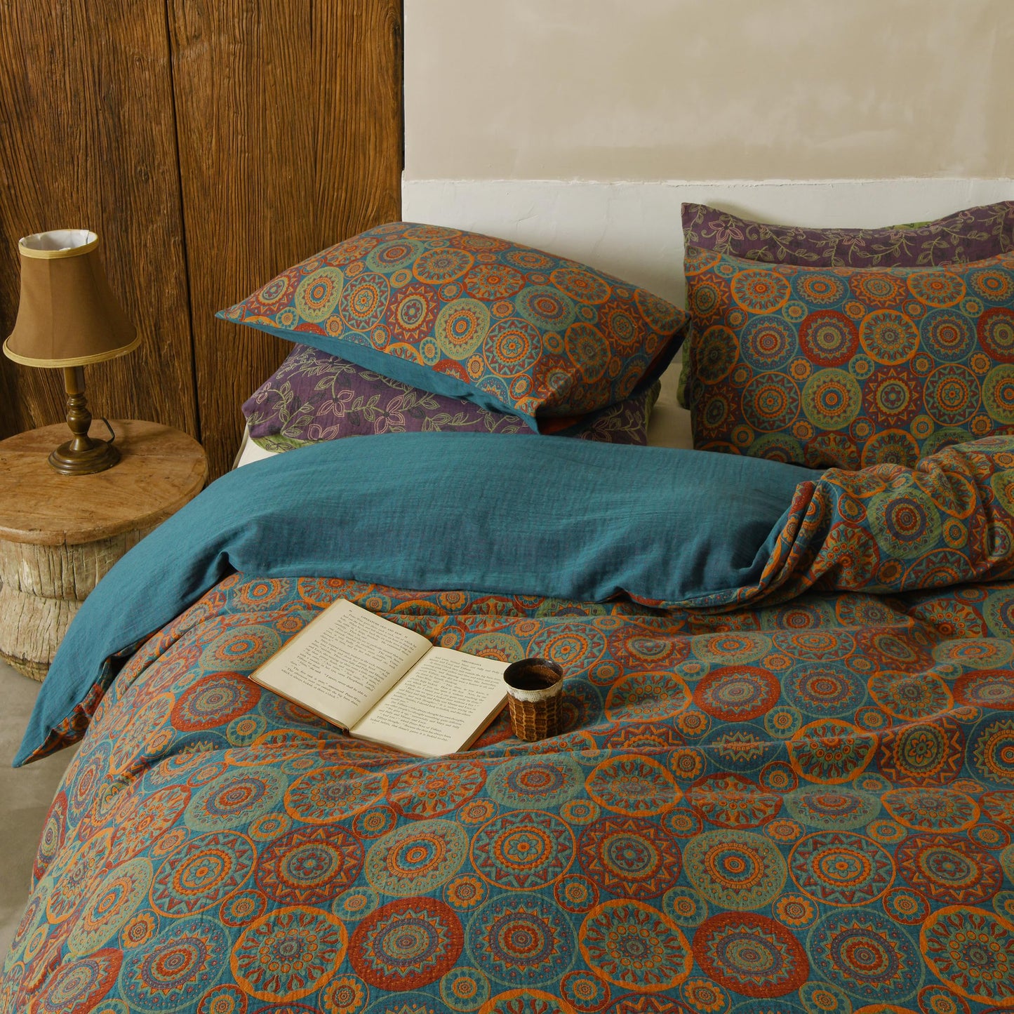 BISELINA 100% Cotton Muslin Duvet Cover Set Queen, 3 Pcs Yarn-Dyed Jacquard Textured Vintage Kabyle Pattern, Soft and Breathable Bedding Set with Zipper Closure, Kabyle Blue Orange
